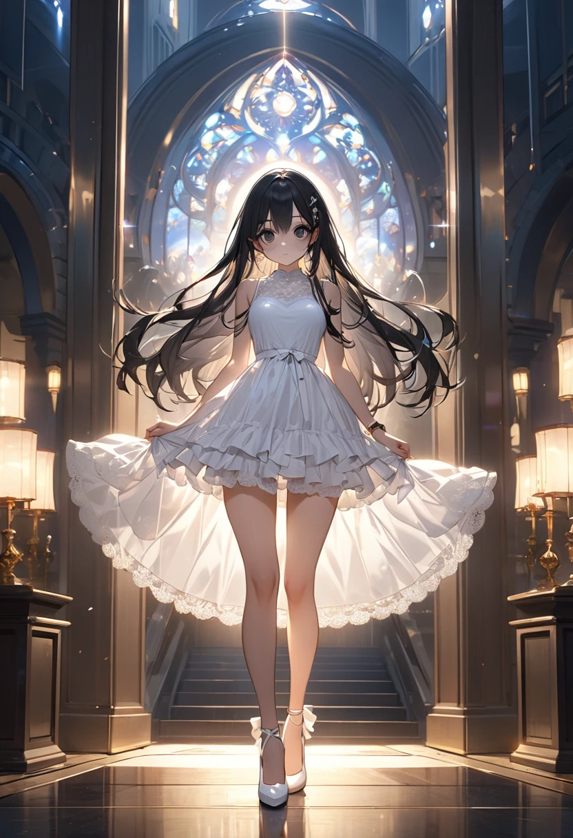 ((best quality)), ((masterpiece)), (detailed), 完美Body，Best body shape，best quality, masterpiece, High resolution, 1 Girl,blush,(Charming smile:0.8),Star-shaped pupil,Dress,Hair accessories,,Pretty Face,Above_Body, ，Full breasts，Complete，Tyndall effect,Reality, Dark Studio, Edge lighting, Two-tone lighting,(High Detail Skin:1.2), 8K uhd, Digital SLR Camera,Wide Angle，Third person perspective，Full body shot， soft light, high quality, Volumetric Lighting, frank, photo, high resolution, 4k, 8K, Bokeh,huge ,Wide hips,(National Foundation:0.6),