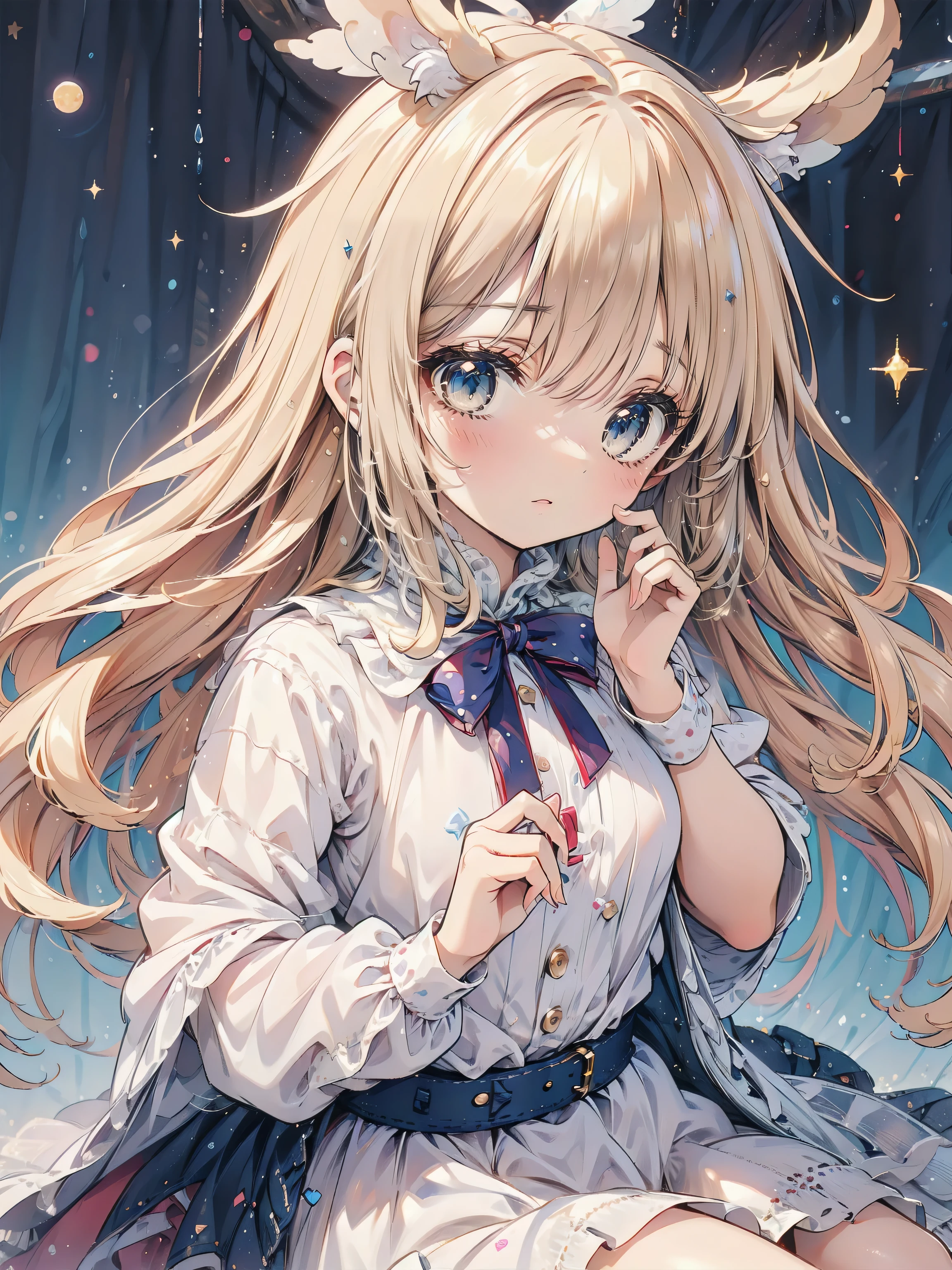 Dots are、明るいピンクの頬、she has chin-length, curly, golden blonde hair with wavy bangs.、she'dark-skinned girl, she is wearing a bright red headband with a ribbon on the right side of her head.. Dots are、she wears a shiny pastel blue and scarlet red dress with a small ribbon belt around her waist。, white collar, 4 crimson buttons, Bright red lining. sheのドレスの下には赤と淡いブルーのチュールスカートがある.. she also、Red top with white socks、she is wearing carnation pink high-top sneakers with bright red shoelaces, Shine; glitter, (:1.1), (1girl), (flat ),