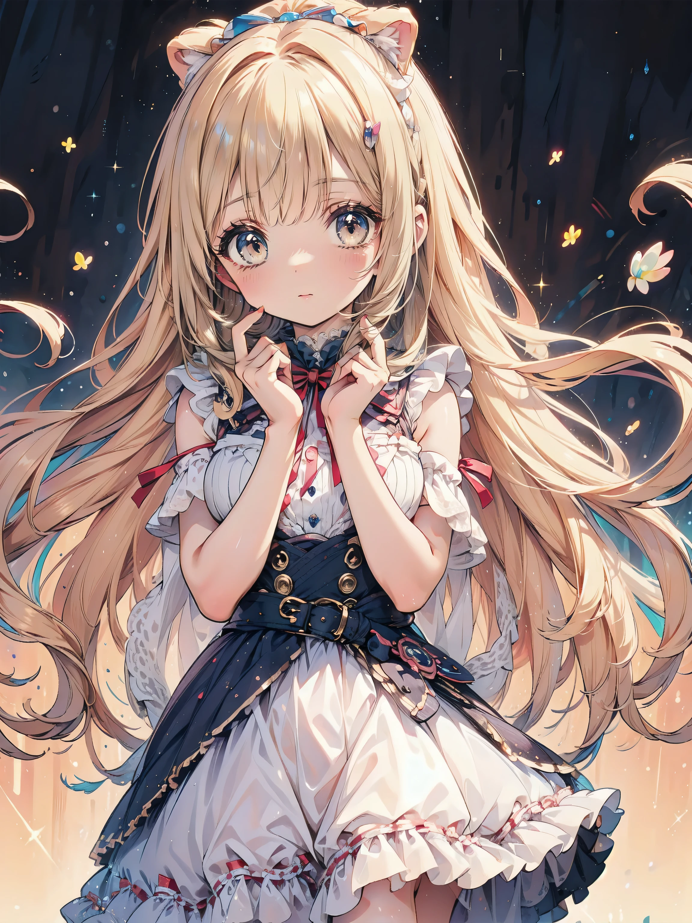 Dots are、明るいピンクの頬、she has chin-length, curly, golden blonde hair with wavy bangs.、she'dark-skinned girl, she is wearing a bright red headband with a ribbon on the right side of her head.. Dots are、she wears a shiny pastel blue and scarlet red dress with a small ribbon belt around her waist。, white collar, 4 crimson buttons, Bright red lining. sheのドレスの下には赤と淡いブルーのチュールスカートがある.. she also、Red top with white socks、she is wearing carnation pink high-top sneakers with bright red shoelaces, Shine; glitter, (NSFW:1.1), (1girl), (flat chest),