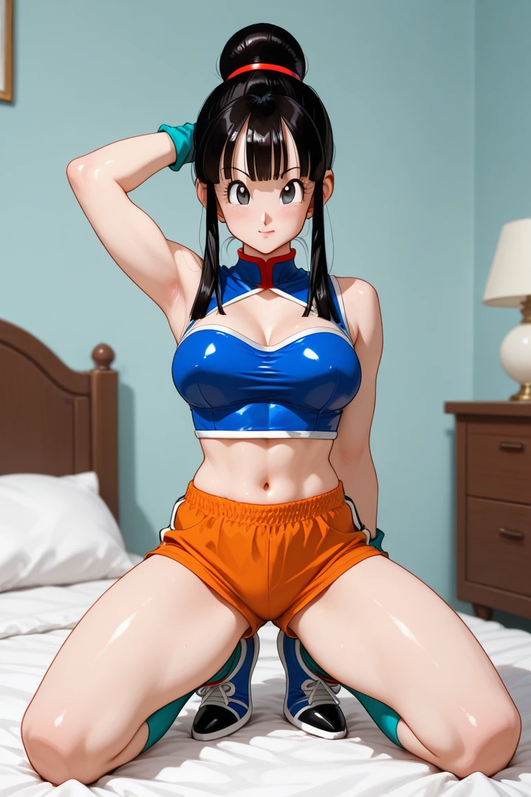 masterpiece, best quality, high resolution,high-detail,1girl, solo,outdoor,Fold your hands behind your head,squatting with your knees upright,morisawa,Pleasant and enchanting,Vulgar poses,Overflowing super big breasts,Whip thigh,(Boobs from many men、thighs thighs thighs thighs、being touched on the arm),My whole body is sweaty,Sweat is coming out of my pussy,Tiny tight black leather micro bikini,