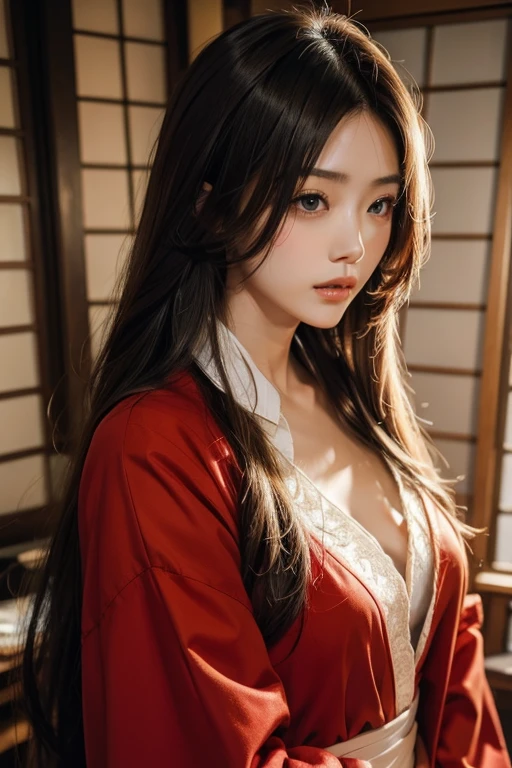 glamour shot of a Gorgeous Japanese seductive kunoichi in a short kimono showing off her body with her back arched, on her knees, her hands in her hair, looking lustfully at the viewer, anime style, anime realism, turning her head to one side and tilting down slightly while biting her lower smiling lip and large anime smokey eyes turned focused on the viewer, long eyelashes, mid-twenties with a supple female body, DD-size breasts, full wavy hair, cleavage open, exposed breasts