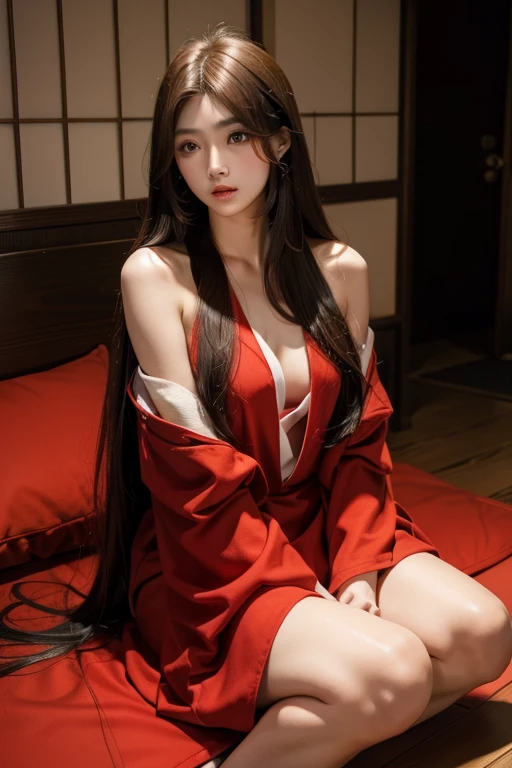 ((best quality)), ((masterpiece)), (detailed), Perfect face,Red and white kimono,The cuffs and lapels of the large sleeves are tied with this red silk scarf,Shrine Girl,Red long hair,Delicate brushstrokes,Soft and smooth long hair,Round forehead,Long eyelashes,Deep rose red eyes,Swan neck,Transparent butterfly bone,Delicate and soft skin,Delicate calves,Slim ankles,fit,The disadvantage is that there is a lack of movement between the eyebrows and eyes.,肚Umbilical cord,Umbilical cord,exposed,beauty,Shoulder,White skin,beauty的锁骨,White Arm,beauty的玉足,Slim waist