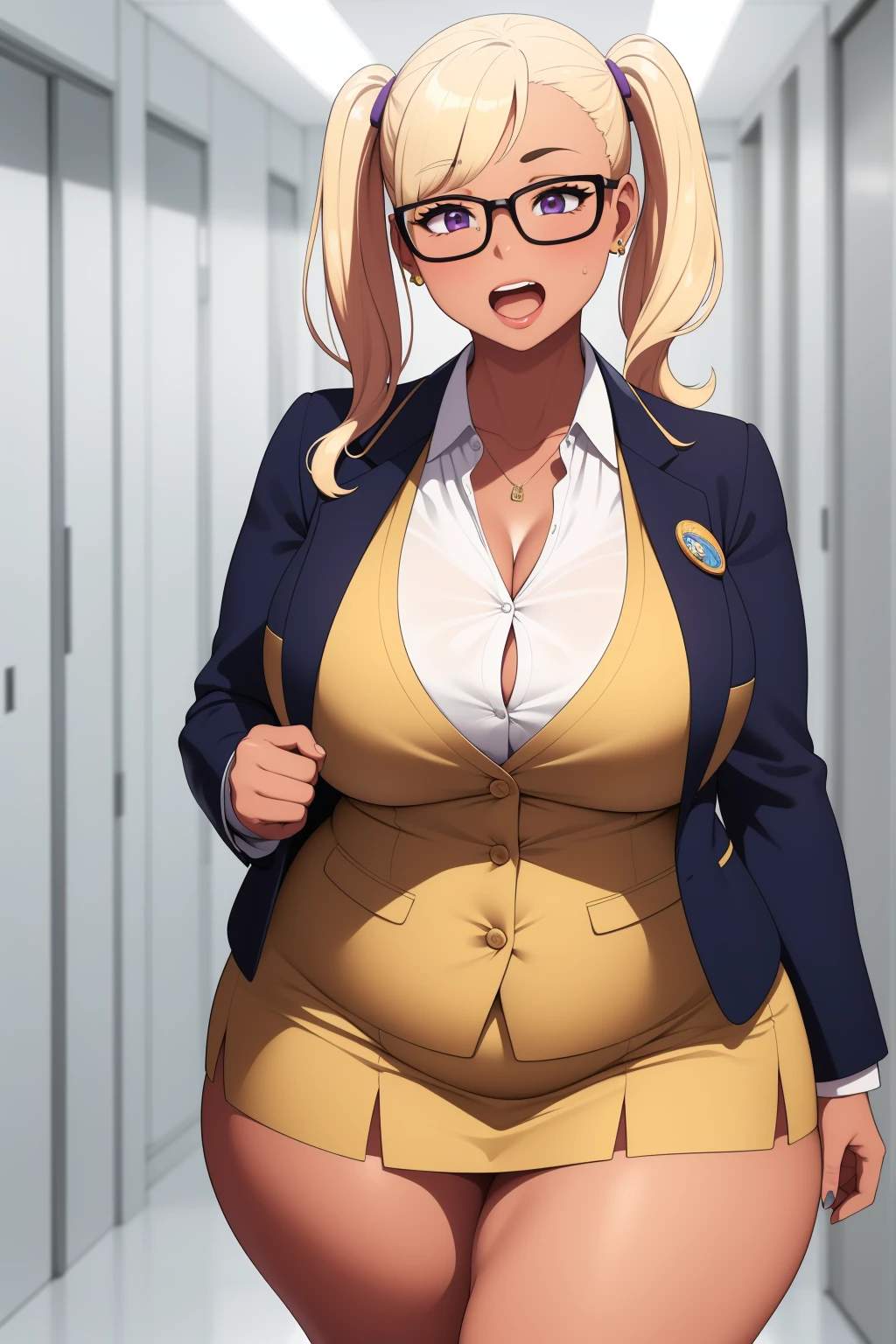 ((Masterpiece)), perfect anatomy, perfect shading, field of depth, (best quality), extremely delicate and beautiful, perfect lighting, detailed face, ultra cute face, cute, (cowboy shot 1.2), full body, (((1girl))), ((solo)), looking at viewer,

short hair, fluffy hair, blonde hair, blue eyes, Glasses, ((blush)), shy, nervous, embarrassed, (dress shirt 1.5), (pencil skirt 1.2), extremely tight clothes, medium breasts, ((wide hips)), ((thick thighs)), fat ass, ((chubby)), 

coffee shop, intricate background, detailed background, hand on hip, holding coffee cup,