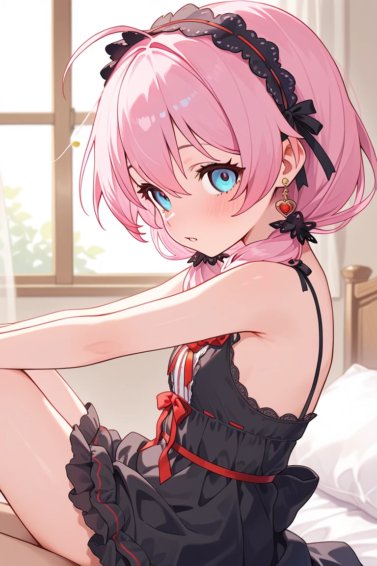 Masturbation on the bed、Girl with pink hair、blue eyes