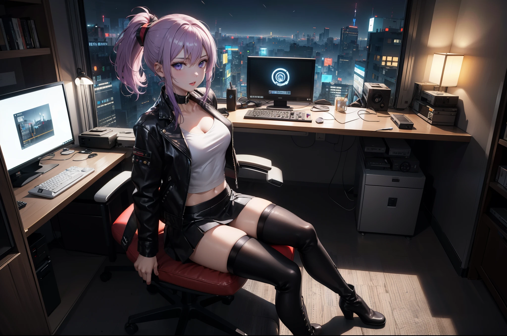 (Masterpiece, better quality, detailed), a chic, Alone, seen from above, ((sitting in a gamer chair)), ojos detaileds, purple eyes shirt, Lavender hair short ponytail, Love, medium breasts, sensual lips, ((harness on the torso)), ((black leather jacket)), (black gloves, ((short school miniskirt)), ( brown stockings), (black boots), room with cyberpunk style gamer computer, (at night)