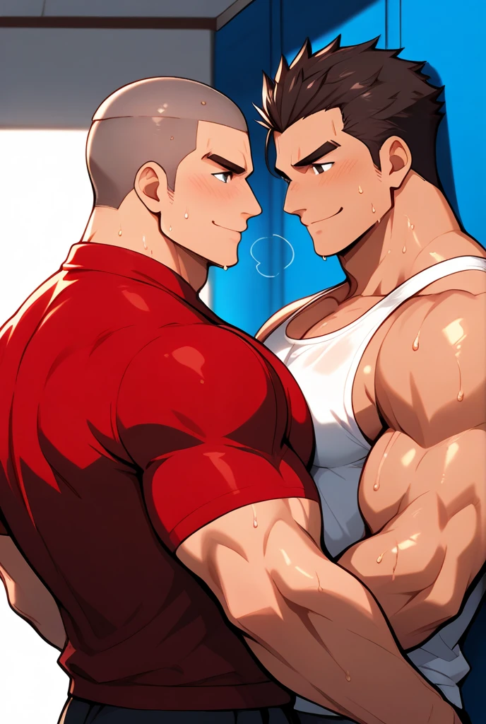 Handsome muscular shirtless naked blonde man blushing, as a muscular handsome brown haired man wearing a red tank top and blue shorts kissing his neck, changing room background