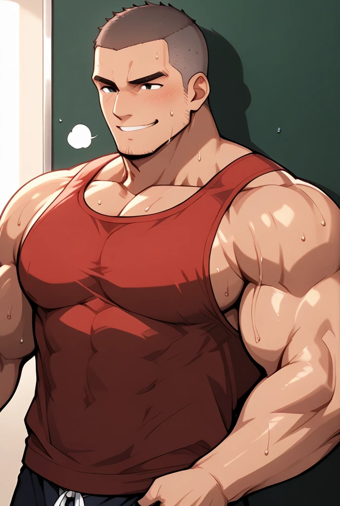 Staring at the audience、T-Shirts、pants、Are standing、short hair、Brown Hair、Highest quality、masterpiece、Ultra-high resolution、Muscular man、Mature Men、The chunky body of a rose、Thick arms、Thick thighagician、smile、laughing、Large build、Big、Kind Face、