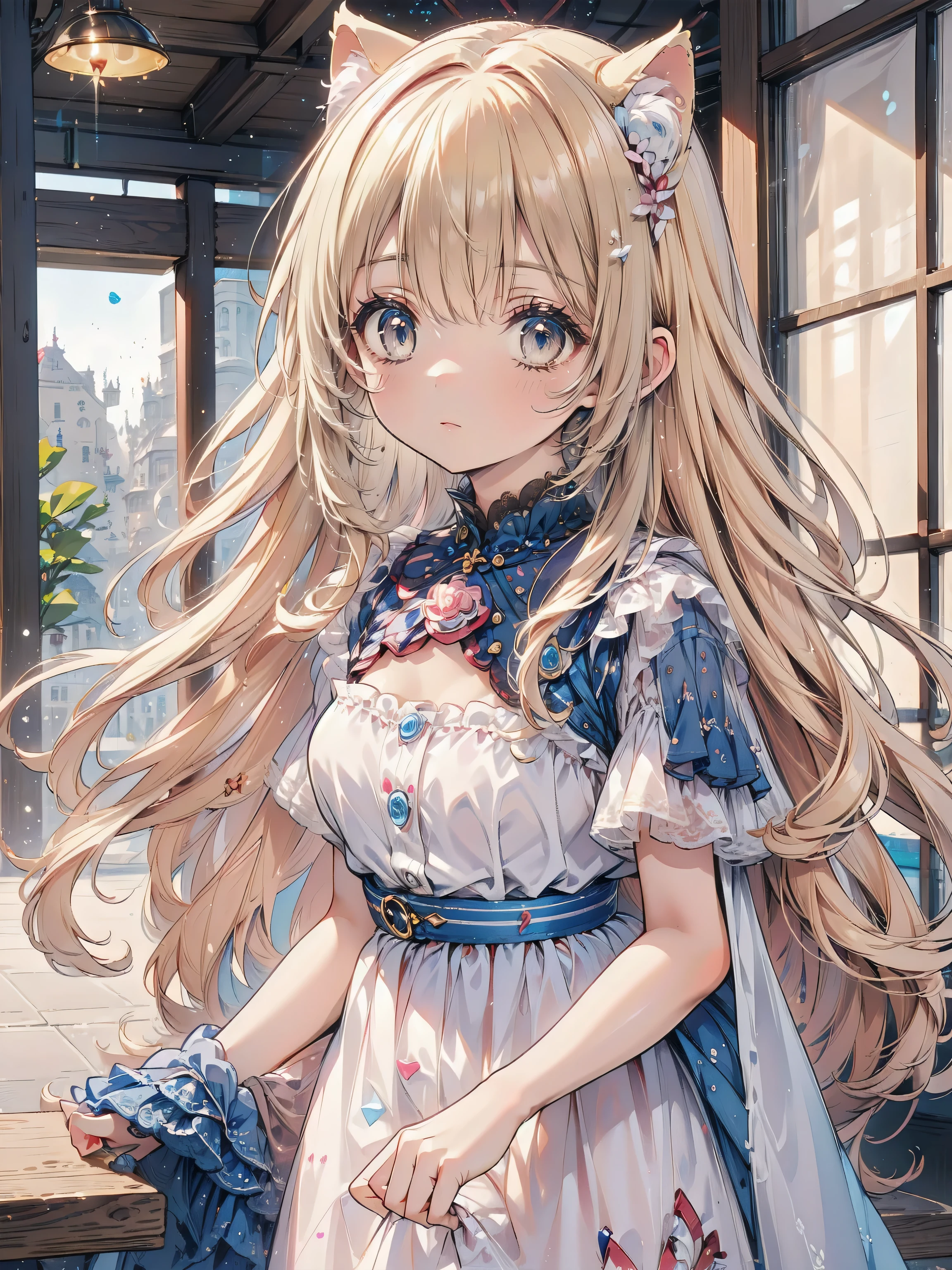 Dots are、明るいピンクの頬、she has chin-length, curly, golden blonde hair with wavy bangs.、she'dark-skinned girl, she is wearing a bright red headband with a ribbon on the right side of her head.. Dots are、she wears a shiny pastel blue and scarlet red dress with a small ribbon belt around her waist。, white collar, 4 crimson buttons, Bright red lining. sheのドレスの下には赤と淡いブルーのチュールスカートがある.. she also、Red top with white socks、she is wearing carnation pink high-top sneakers with bright red shoelaces, Shine; glitter, (NSFW:1.2), (1girl), (flat chest),