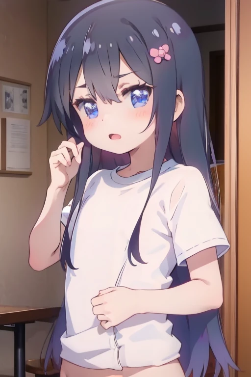 hana_shirosaki_watashinitenshigamaiorita, pelo_negro, pelo_largo, flequillo, sonrojo, ojos_azules, pelo_entre_ojos, adorno_pelo, boca cerrada, flor, flor_pelo, flor_rosa, nude, (Watashi ni Tenshi ga Maiorita!), nude, (Bust size very very small.)),  (pecho plano:1.2), nude, Nwsf, nude, amordazado, esclavitud shibari, manos y brazos atados, esclavitud shibari, bdsm, Arms tied behind the back, arms behind the back, Arms tied behind the back, muslos atados, patas atadas, amordazado, brazos atados, arms behind the back, de frente, mordaza de bola, bdsm,esclavitud, amordazado, sitting position, kneeling position, in the room, mordaza de bola color roja, gag de correas, viendo hacia el espectador, looking towards the camera, shrimp position, babear, babeando, saliva en la gag, basement, sonrojada, en celo 