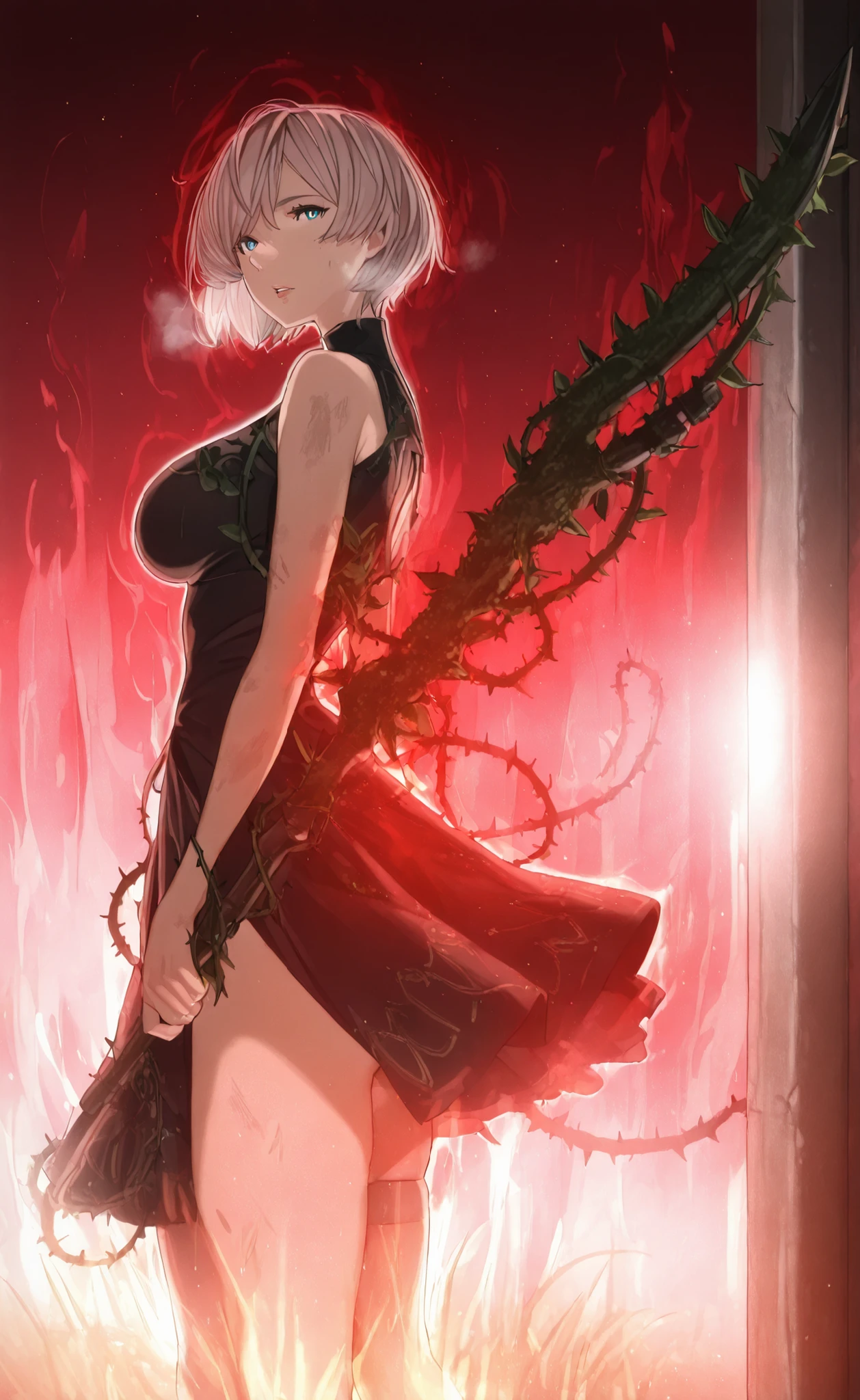 Sakuranotomoru, (Siu0207-style:1.2) ((Cinematic, UHD, dim lighting)), comic, score_9, score_8_up, score_7_up, score_6_up, score_5_up, score_4_up, uncensored, detailed background, vignetting, masterpiece, Cinematic, high quality, absurdres, best quality, very aesthetic, newest, digital art, trending on ArtStation, ((anatomical correct)), perfect body, perfect eyes, perfect fingers, gasping, heavy breathing, gasping profusely, cinematic, ((skindentation)), ((curvy)), 1girl,Mujina,short hair,grey hair,blue eyes,mature_female, bright pupil, ((white outline)), 1girl, solo, thorns, red_background, dress, looking_at_viewer, plant, black_dress, breasts, simple_background, bare_shoulders, vines, standing, sleeveless, parted lips, sleeveless_dress, from_side, weapon, (aura), (black aura), (dark aura), looking at viewer, ground, dirty, holding