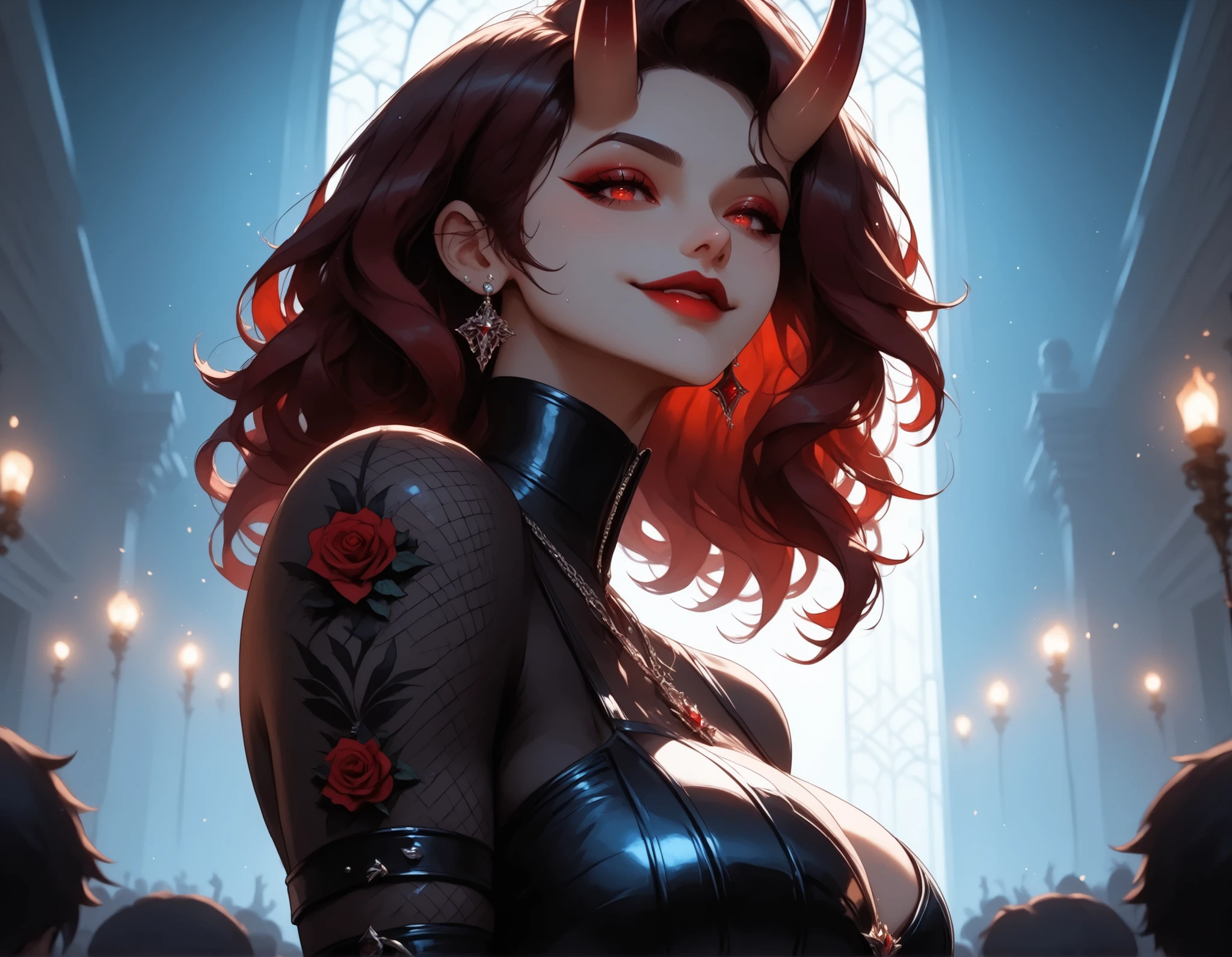 (masterpiece:1.2), (best quality:1.2), ultra detailed, 8k, watercolor, cinematic lighting, volumetric_lighting, rim light, soft shadows, ((forced_perspective)), (Diminishing scale perspective:1.3), fashion runway pulsing with crimson strobes and devilish rhythm, crowd lost in silhouette beyond the flare, jet-black bodysuit clings like liquid sin, polished to an obscene gloss, animated succubus tail sways with every step—taunting without touching, neon devil-horn pigtails bouncing with wicked energy, thighs high and predatory in mirror-shined boots, smile lazy and cruel—pierced lip always wet, red eyeshadow smeared like sin across proud cheekbones, strutting forward with feral joy, hips cocked, hand trailing behind like she owns gravity, low angle shot emphasizing dominance, confidence radiating like a weapon, she is *the moment*, (lora:Yandere Queen:0.85), (lora:Detail Tweaker XL:0.65), (lora:Fantasy Western Anime:0.45), (lora:Dark Realism (Anime):1.0), (lora:Dramatic Chiaroscuro:1.0), (lora:Vampire Hunter D Bloodlust Style [Pony XL]:0.3)

