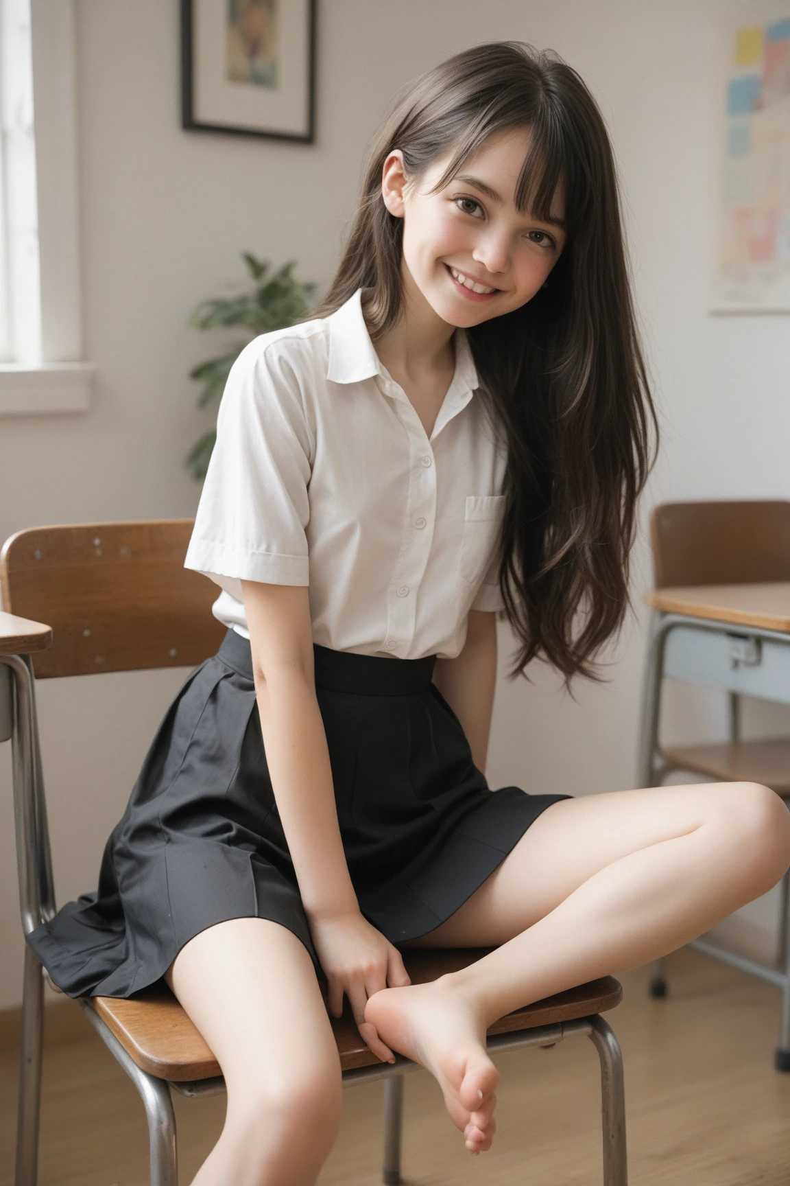 Photorealistic, Beautiful, Asian, , wearing short sleeved white blouse, smiling brightly, wearing white thigh highs, wearing white heels, wearing black miniskirt, long black hair, sitting on corner of office desk in an executive office suite, extreme detail, 8k, wallpaper, ultra realistic skin