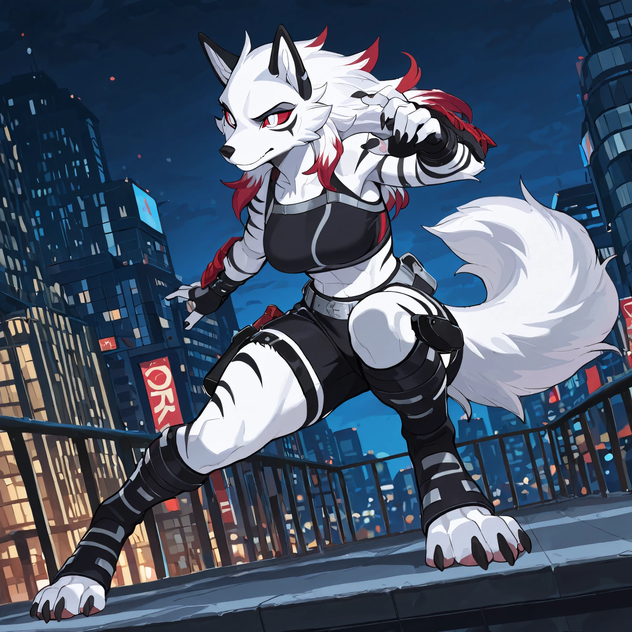 Anime style, masterpiece, best quality, full body picture, centered, three-quarters view, 1girl, PLHighwire, furry, tall, anthro, female white wolf, digitigrade legs, white fur covered body, black toeless boots, calf length boots, boots with straps, black sports bra, medium breasts, white eyes, red sclera, big city background, city at night, white face, black facial markings, white tail with red tip, red ears with white fur, long white hair with red highlights, knee length black shorts, wearing dual holsters, wearing a silver belt, (guarding pose), (black tigee stripes on legs, black tiger stripes on arms)