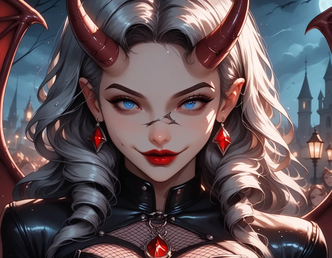 Zdrada, like most of the Helltaker cast, is depicted as a short demon girl with pale skin, red irises, a black arrow-tipped tail, and silvery-white hair. It's quite short and most of it covers her left eye. Poking out of her hair are two small black horns that are rounded inwards. She has black eye shadow along with piercings on her mouth, ears and nose. fantasy dnd art work