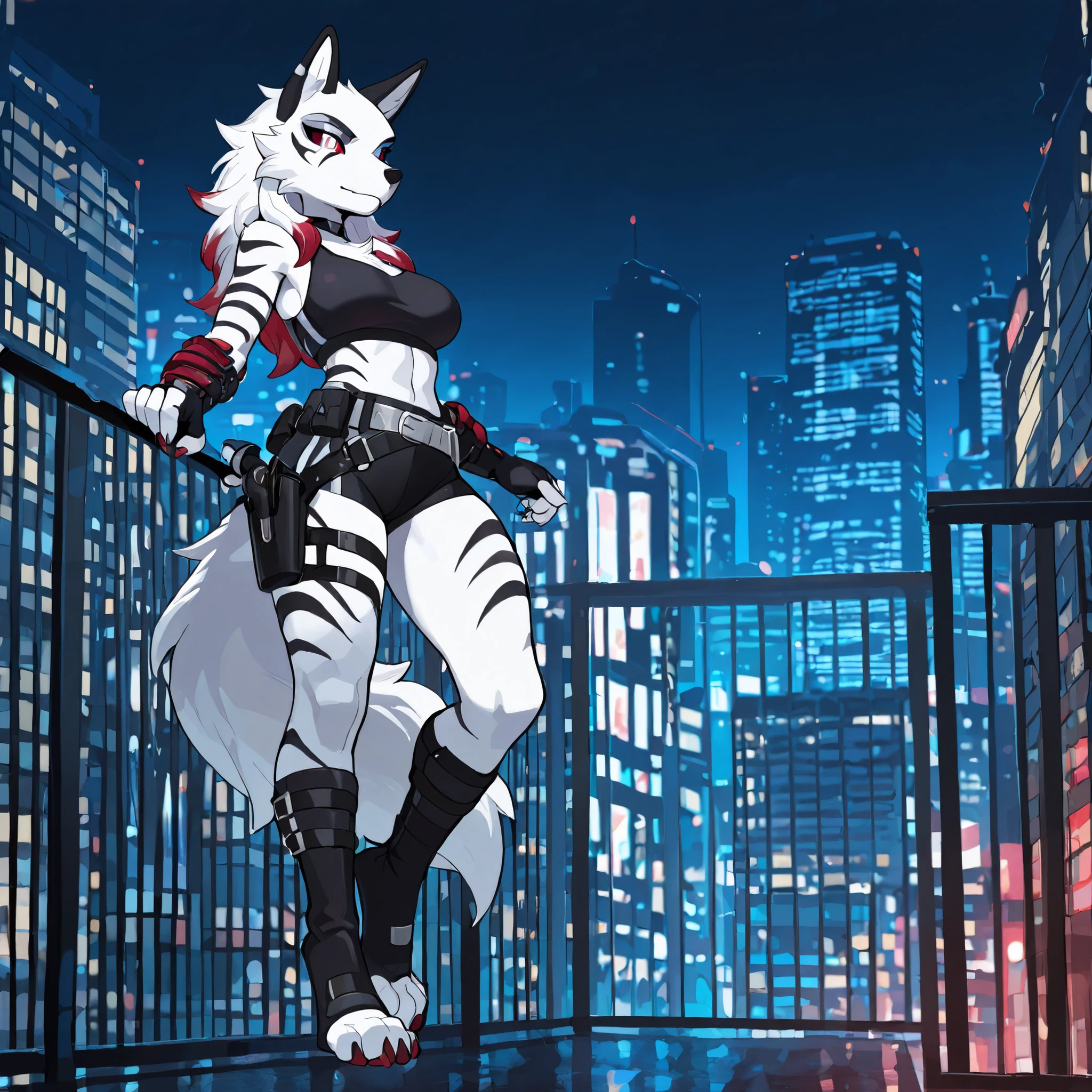 Anime style, masterpiece, best quality, full body picture, centered, three-quarters view, 1girl, PLHighwire, furry, tall, anthro, female white wolf, digitigrade legs, white fur covered body, black toeless boots, calf length boots, boots with straps, black sports bra, medium breasts, white eyes, red sclera, big city background, city at night, white face, black facial markings, white tail with red tip, red ears with white fur, long white hair with red highlights, knee length black shorts, wearing dual holsters, wearing a silver belt, (guarding pose), (black tigee stripes on legs, black tiger stripes on arms)