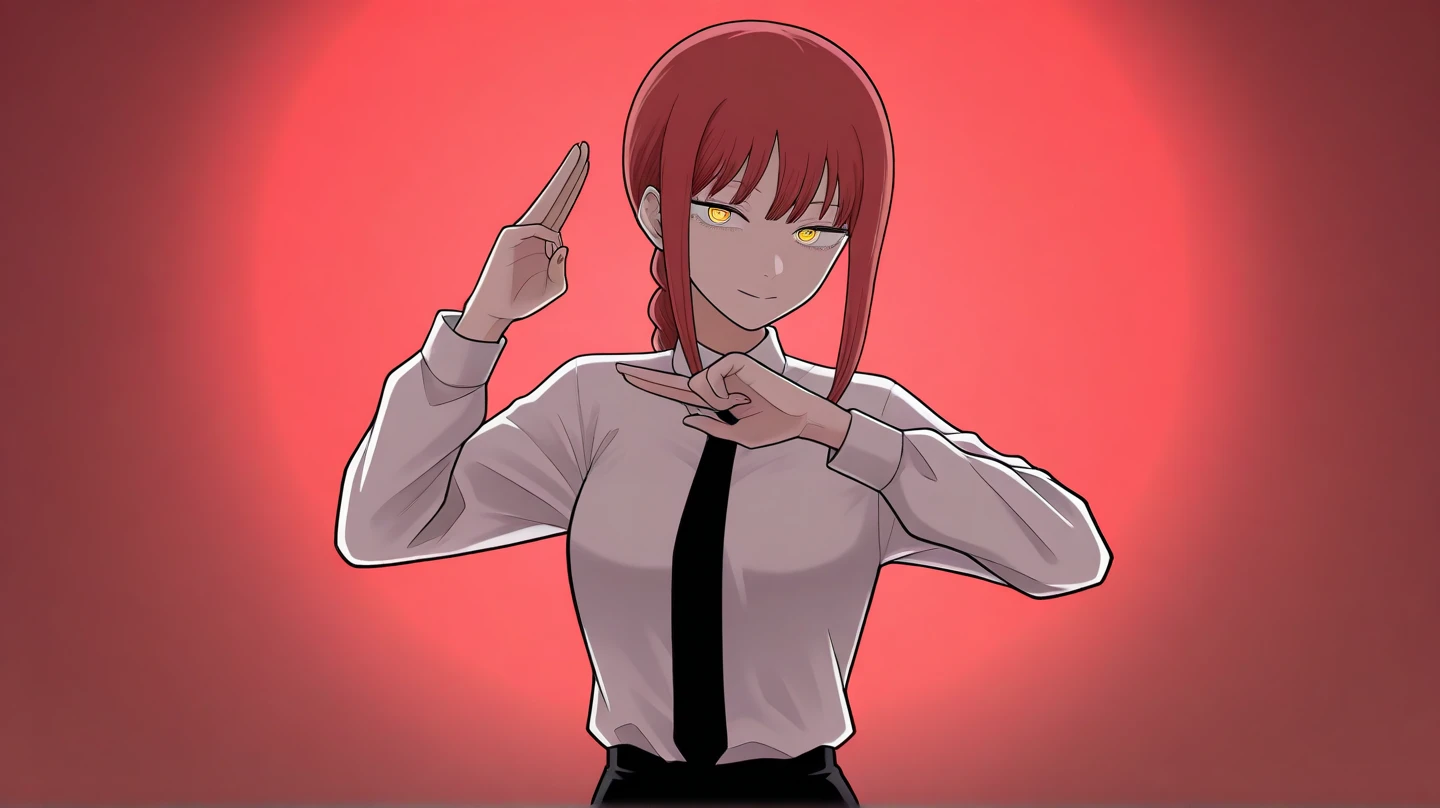 1girl, > <lora:makimaChainsawMan_offset:1> makima \(chainsaw man\), red hair, white shirt, golden eyes , black necktie,, yellow eyes, (ringed eyes), <lora:necoArcCharacters_necoArcv3final:1.4>