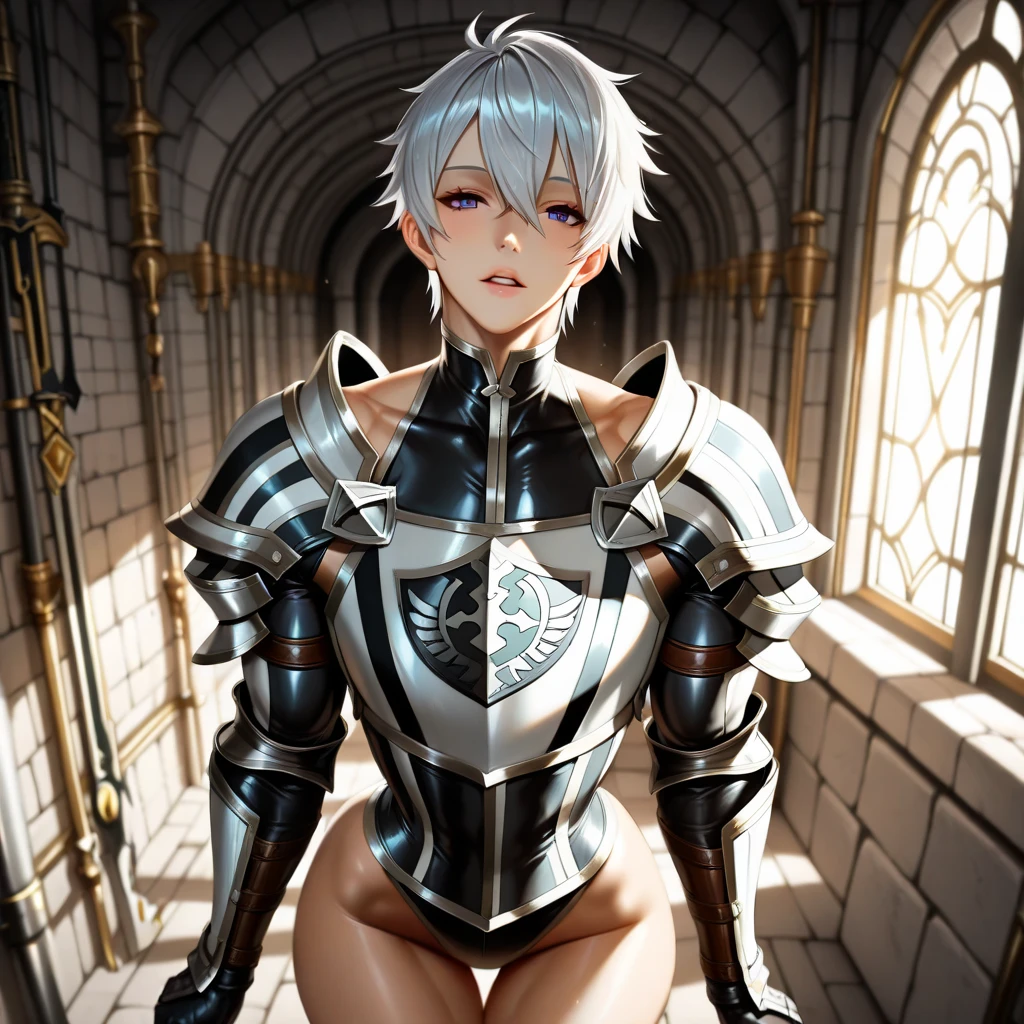 (((Official art,superfine illustration,hight resolution, masutepiece, best qualtiy,Best Quality:1.2))),hightquality, detaileds, (A little boy),12 years old, A young knight male idol with a super cute face,A boy as beautiful as Planding, Cool handsome face with smile, soccer spike, Long legs, thighs thighs thighs thighs, footrest bulge), (Blonde hair、Spiky hairstyle)、Shiny hair, (tight black inner bodysuit), ((Medieval armor、Silver Knight Armor:1.2)), tussock, Cool pose, (厚いthighs thighs thighs thighs、Seduce your big ass to your crotch)、(((a medieval castle)))、((cocky、))、Smirk、Spread legs,Ultra-fine painting,,(((Being aware of the sexual gaze of middle-aged gay men)))、Service Shots、((detailedsな目:1.2))、The eyes peeking through the gaps in the armor are cute、nobles、Puffiness in the crotch area、