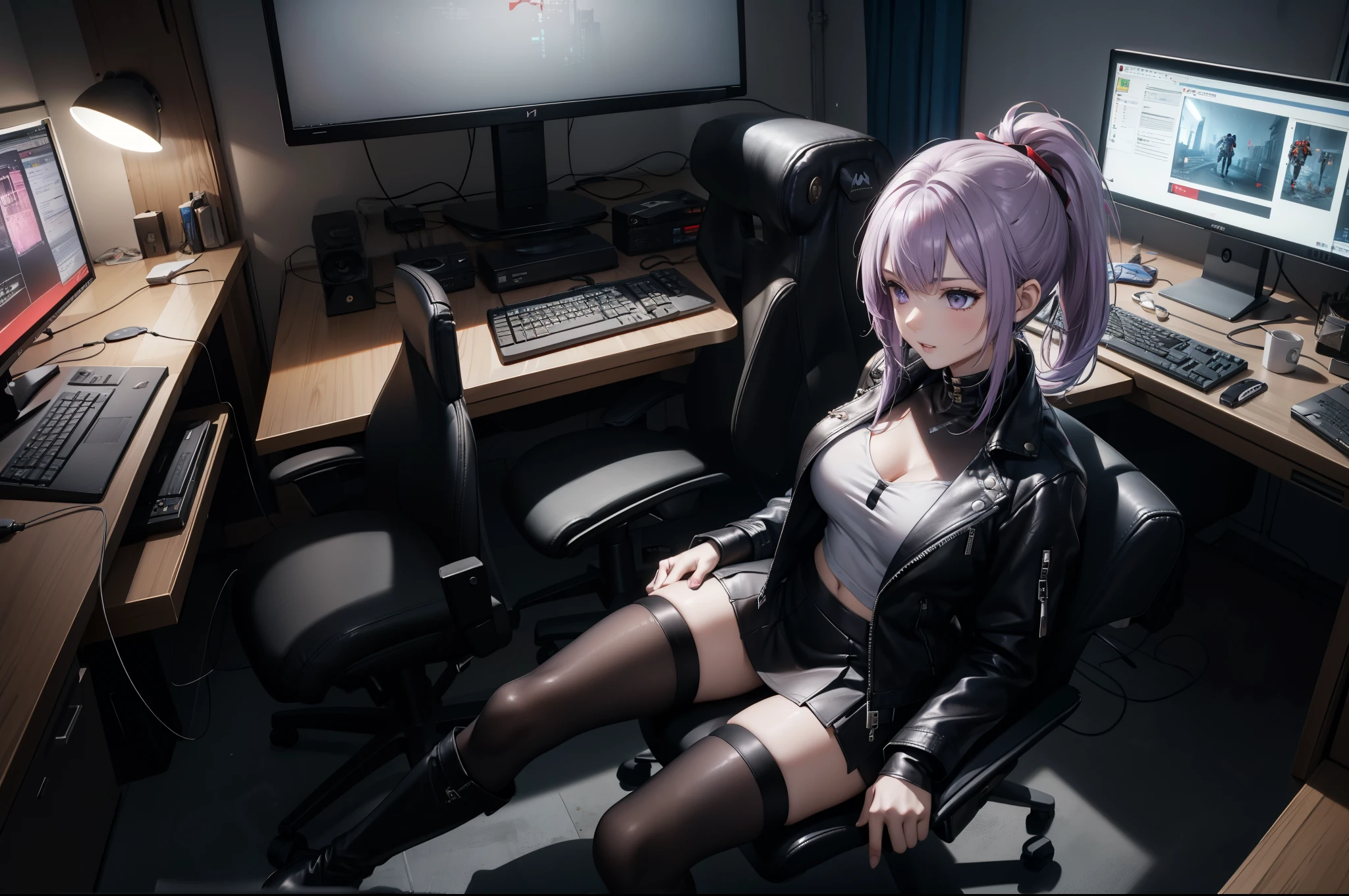 (Masterpiece, better quality, detailed), a chic, Alone, seen from above, ((sitting in a gamer chair)), ojos detaileds, purple eyes shirt, Lavender hair short ponytail, Love, medium breasts, sensual lips, ((harness on the torso)), ((black leather jacket)), (black gloves, ((short school miniskirt)), ( brown stockings), (black boots), room with cyberpunk style gamer computer, (at night)