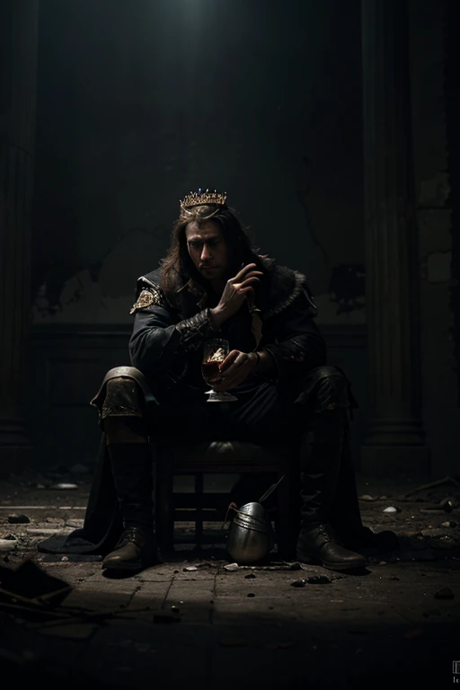 masterpiece ,award-winning realistic digital painting, 
haunting portrait of a disgraced and defeated king, seated on his throne, contemplating his impending doom, by the renowned artist, Victor Darkwood. (Melancholic:1.2) expression reflecting the weight of his failures, (weary:1.1) posture revealing the burden he carries, (tattered:1.1) regal attire symbolizing his fallen status, (dimly lit:1.1) surroundings casting shadows on his despair, (forlorn:1.1) gaze lost in deep reflection, (crumbling:1.1) throne serving as a stark reminder of his crumbling empire, (unveiling:1.1) his tragic fate, (capturing:1.1) the essence of his downfall, (eerie:1.1) atmosphere evoking a sense of impending doom, (memorializing:1.1) the fallen king's legacy.
highest quality,  upperbody shot, (detailed face and eyes:1.2), style-gothic-horror, style-opulent