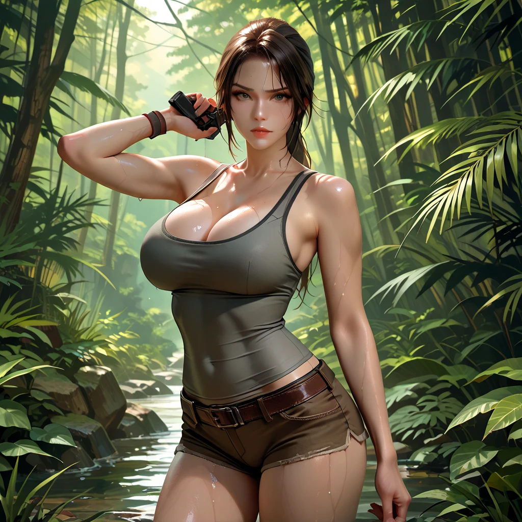 Tomb Raider epic scene Realistic masterpiece, ultra high quality image showing a beautiful and sexy Lara Croft , perfect fit body with huge natural breast popping in tight black cropped top , she wear a small green kaki mini short and one holster gun strapped on her leg , perfect skin texture, shown to have a fairly slender figure. She has brown hair , she has long hair with a pony tail and large pale green eyes, standing in the Egyptian desert with the sphinx and a pyramid far away in the background, in a epic Egyptian desert scene, she standing in a natural and relaxed pose , during sunset, when the sky is full of bright colors and billowing clouds, reflecting the light of the low setting sun. Amazing Egyptian ruins scene in the background, The gorgeous sunset adds a magical atmosphere to the photo, and highlights the beauty of the moment when the girl chose to drink water . The seductive expression on the girl's face and her playful contemplate at the viewer add an element of hotness and romance to the picture. While the splendor of the desertic landscape in the style of a tomb raider epic scene reflect the girl's exploration and adventurous spirit., huge cleavage exposed, big breasts, superior quality, many details, Puri focus Sharp and realistic , black cropped top and a small mini green short , perfect hands, detailed hands, perfect eyes, detailed eyes, realistic, HDR, UHD, dynamic