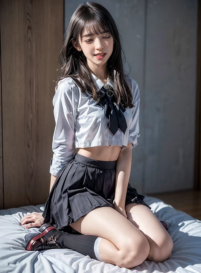 High resolution, Very detailed, Realistic, 1 beautiful Japan schoolgirl, Very detailed美しい顔, Sleeping on your back、Straight hair, Medium Black Hair, Beautiful legs, A light smile, school uniform, Bedroom