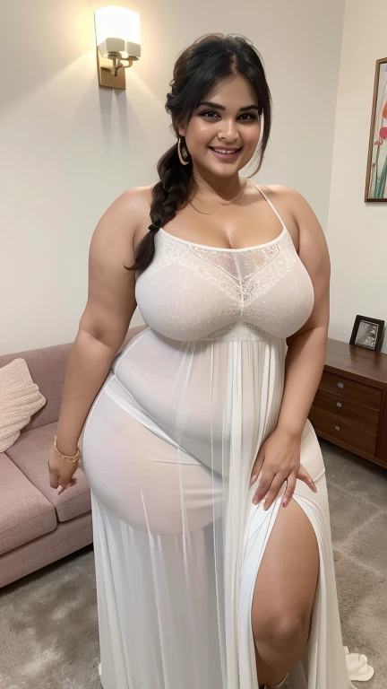 a beautiful South Indian 25 year old plus sized teacher (wearing white colour silk night gown and bra) in a office, affectionately hugging a group of 60 year old man, full body image