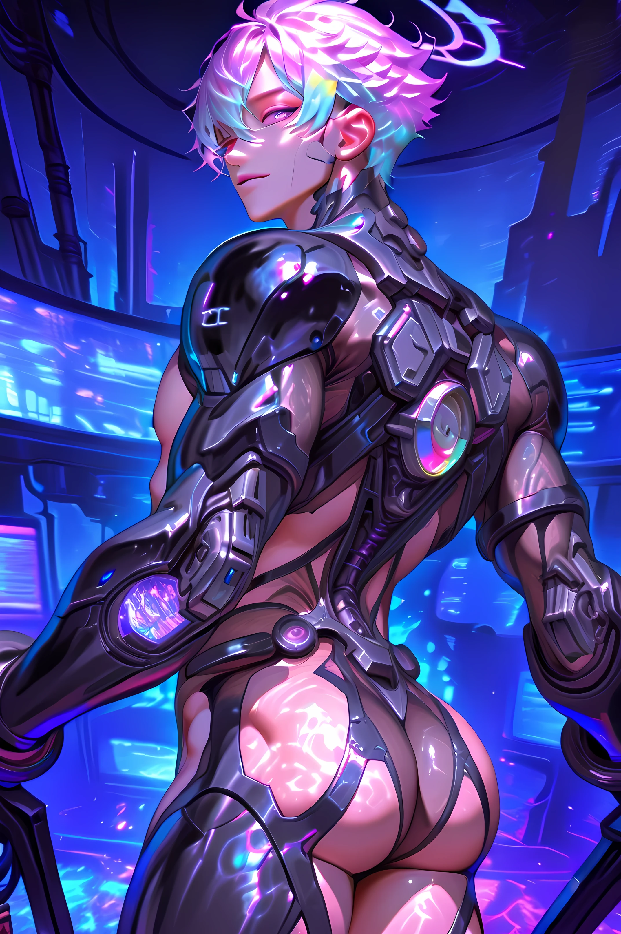 Male android humanoid, futuristic, sheer, thin, black cyberbunk battle suit, view from the back, toned, light colored hair, purple eyes. Thighs and ass in the picture. Crossing arms across chest., blue neon accessories, black cyber bodysuit, smile, solo charactor, cyberpunk background, hologram, hologram blue halo, looking at viewer, no nipple