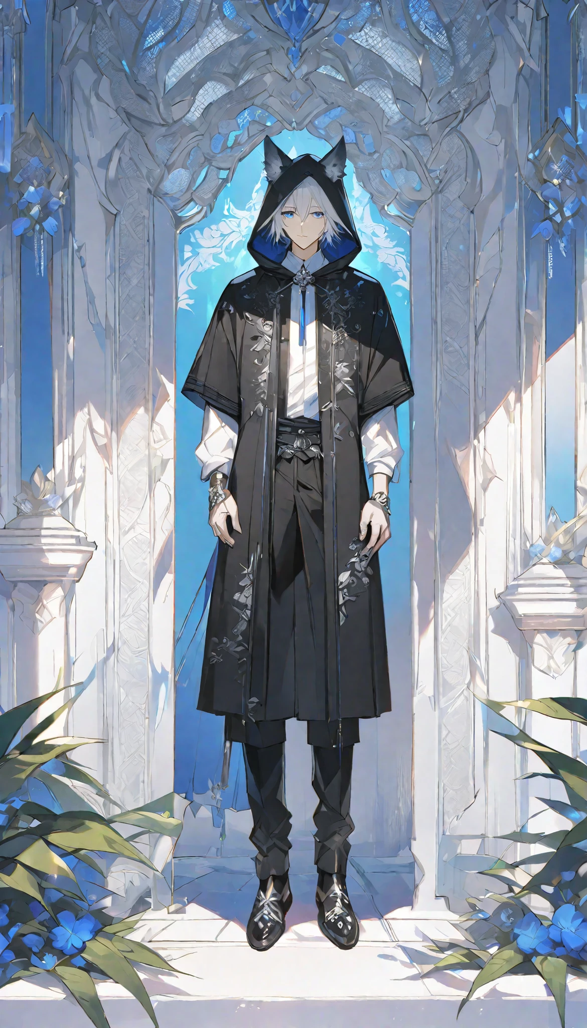 1male , Horns , Sanguine Eyes , Pale Skin , Facial Markings tattoo , Black Hair , Standing in a dark forest , Straight Styled White hair with bright blue highlights, perfect Generation