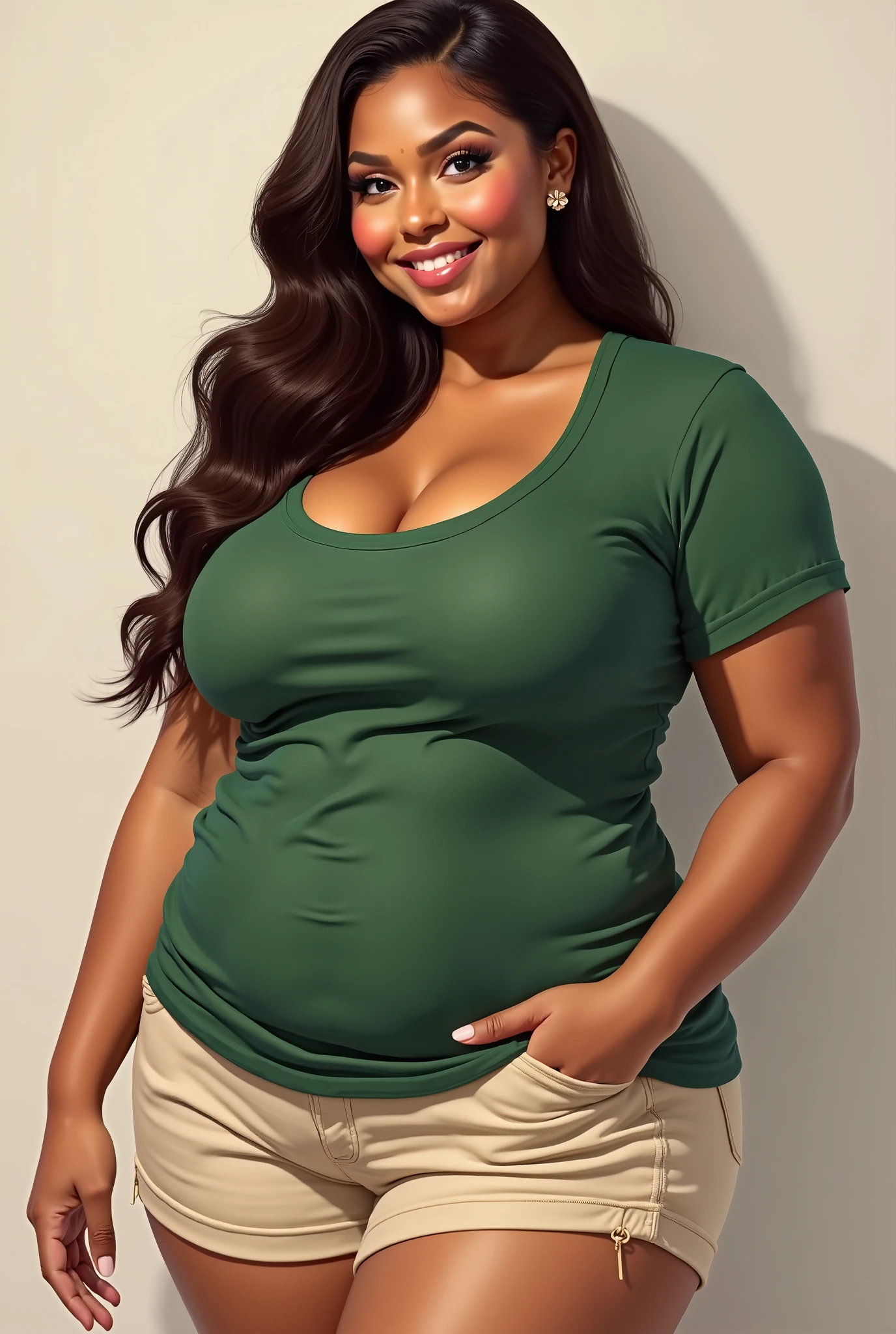 Brown hair. Green eyes thick thighs chubby belly fat bottom dark carmel skin. Wearing clothes dhe is outgrowing