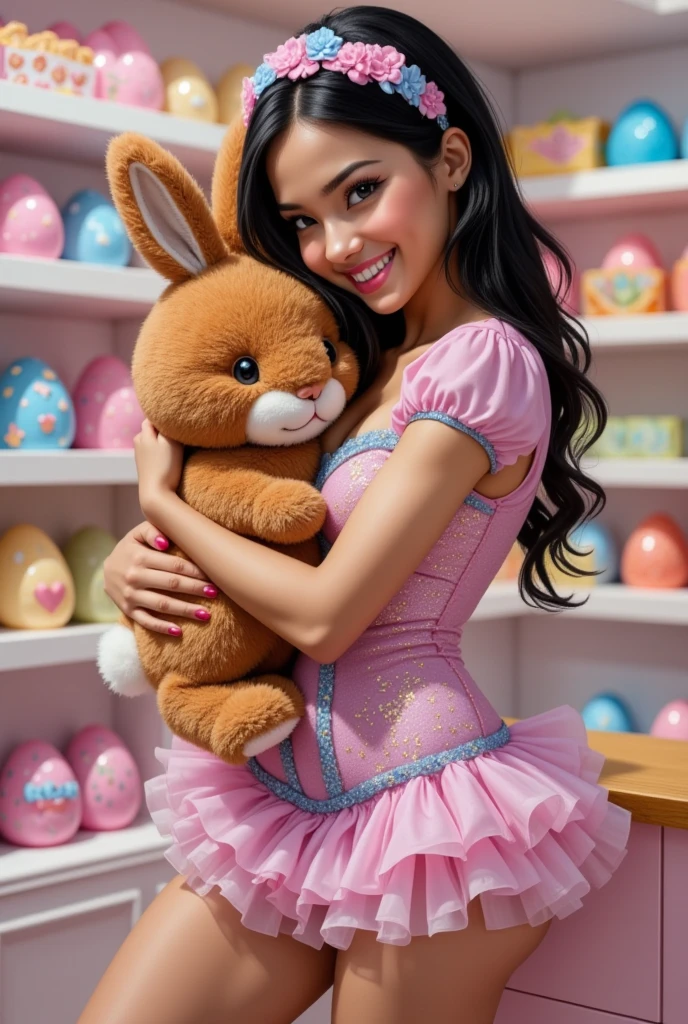 High Definition CG unity 8K Wallpaper), (Highest Quality), (ultra-definition), (The best illustrations), (Highest shadow), POV, Realistic lighting and shading, Natural light, Lens flare effect, BREAK,girl, Cute, Cheerful, Loli face, tareme, gleaming skin, Hugging a stuffed rabbit,
Playboy Bunny, shiny latex leotard, Bunny Years Hair Band, Sitting on the sofa, Open legs wide ,
Happy, great joy, Smile,
(Toy store background, Lots of stuffed animals:1.2),
Absurd solution, Ultra-detailed, Best Quality, --auto