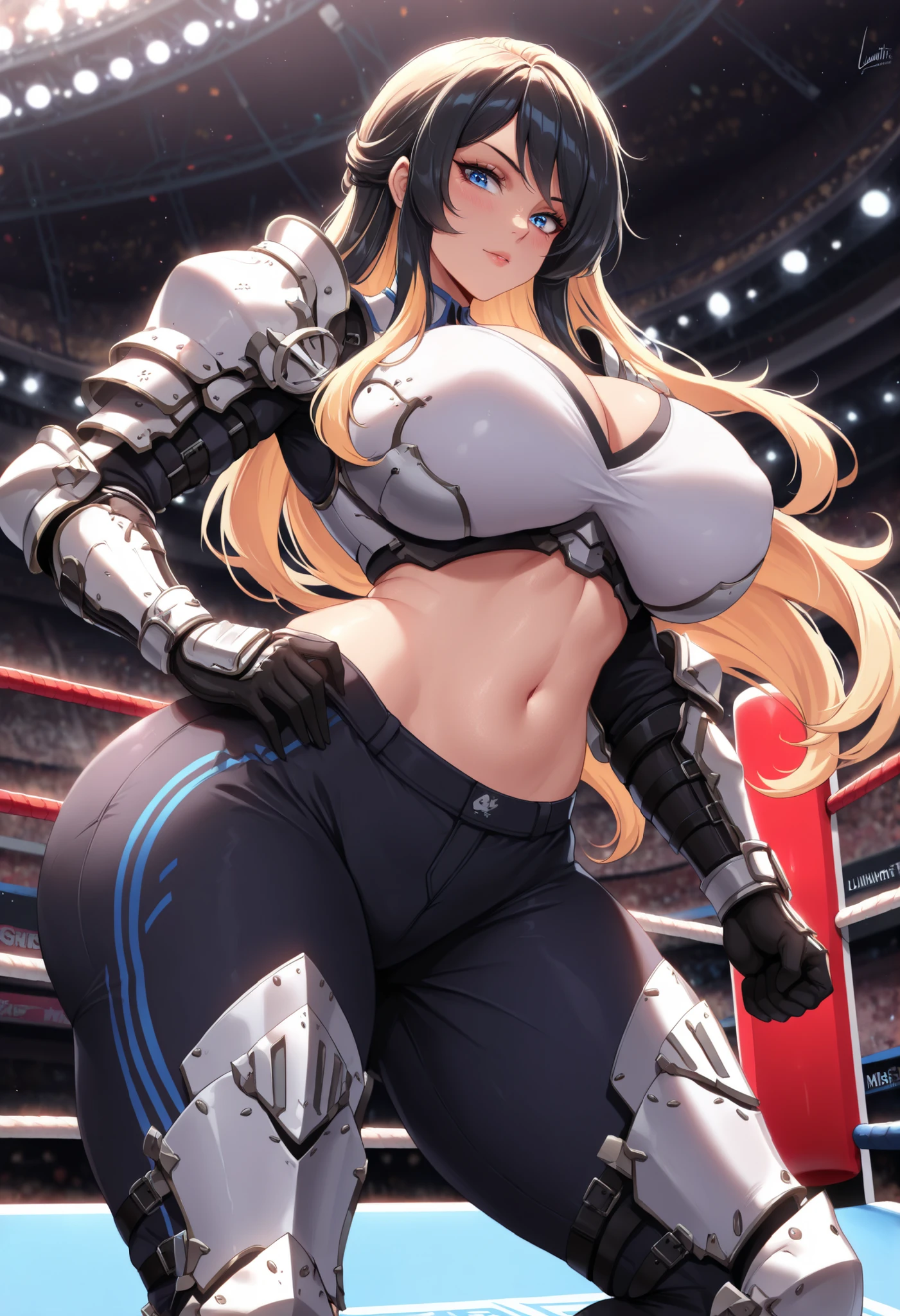 ((masterpiece, best quality:1.4,extremely detailed, detail face, detail eyes, anime)),illustration, 8k, hd, 1female, tall lady, solo, mature female, navel, black hair, blue eyes, (white armour, shoulder armour, hand armour, leg armour, black trousers, hip armour), long blond hair, professional lighting,boxing ring, colourful details, rainbow colors BREAK factory super long shot, in futuristic stadium, luminescence, intricate details, shitu-mecha, ((big ass, big breast, looking at viewer, front view))