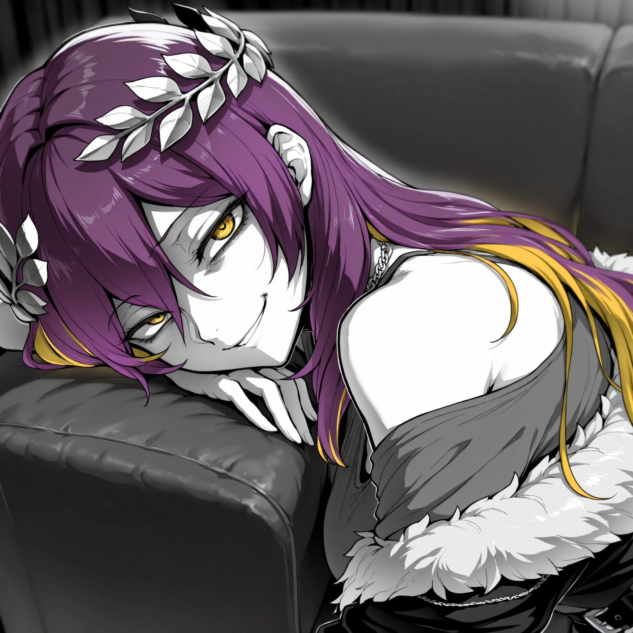 masterpiece, best quality, amazing quality, very aesthetic, high resolution, ultra-detailed, absurdres, (hands:-0.22),
1girl, woman, solo, mature woman, (looking at viewer, portrait, medium shot:1.19), LineAniAF, monochrome, greyscale, ebiblue, (coloured eyes, narrow eyes, smug smirk:1.01),  (seeledef:0.83),hair between eyes, exposed shoulders, golden eyes, very long hair, loose jacket, fur rim jacket ,multicolored hair, golden hair, purple hair, laurel crown, loose t-shirt, belt, chains, wallpaper, resting on a sofa, supermodel, photoshoot,
BREAK, depth of field, volumetric lighting
 