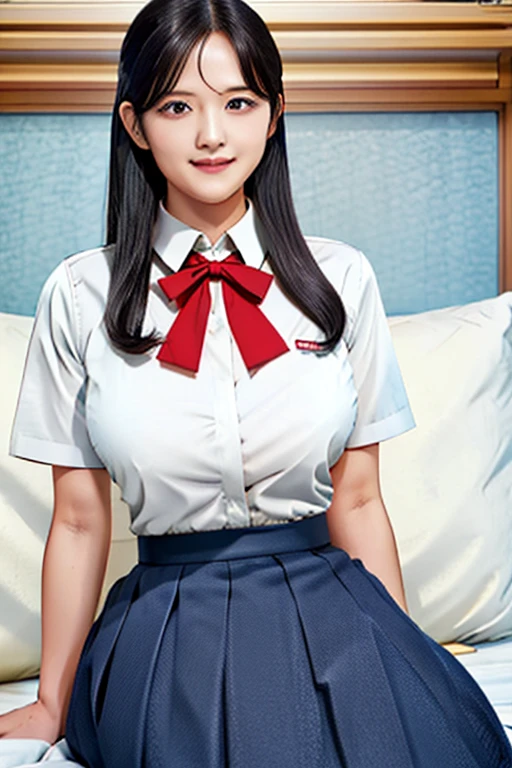 (realistic,8k, RAW photo, highest quality, masterpiece: 1.2),(long black hair,dull bangs),17 year old Japanese woman with perfect body,Please show your teeth and smile,beautiful face,highly detailed face and eyes,smile,((White collared shirt and red bow tie, blue pleated skirt)),(huge breasts:1.1),library,evening,cowboy shot,standing pose