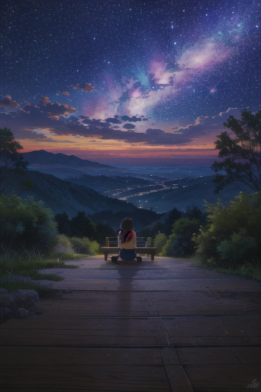 octane, sky, star (sky), landscape, starry sky, night, only child, night sky, solo, outdoor, signature, building, clouds, milky way, sitting, tree, long hair, city, silhouette, cityscape