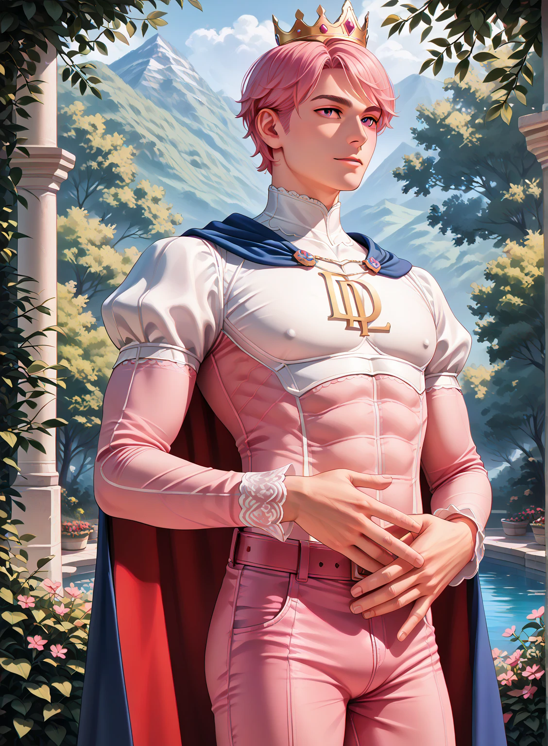 Young muscular pink haired man in shiny pink suit garden background