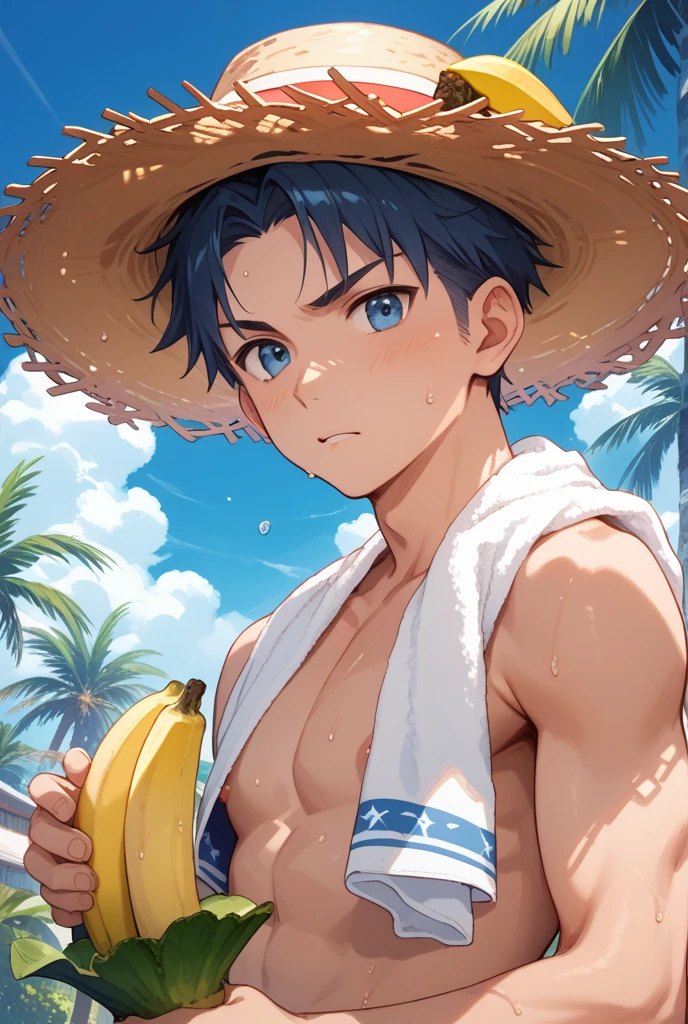 A white-skinned man with brown anime-style hair is wearing basic shorts and a towel over his shoulders. Additionally, this same man has a rubber duck on his right shoulder. He is looking forward.