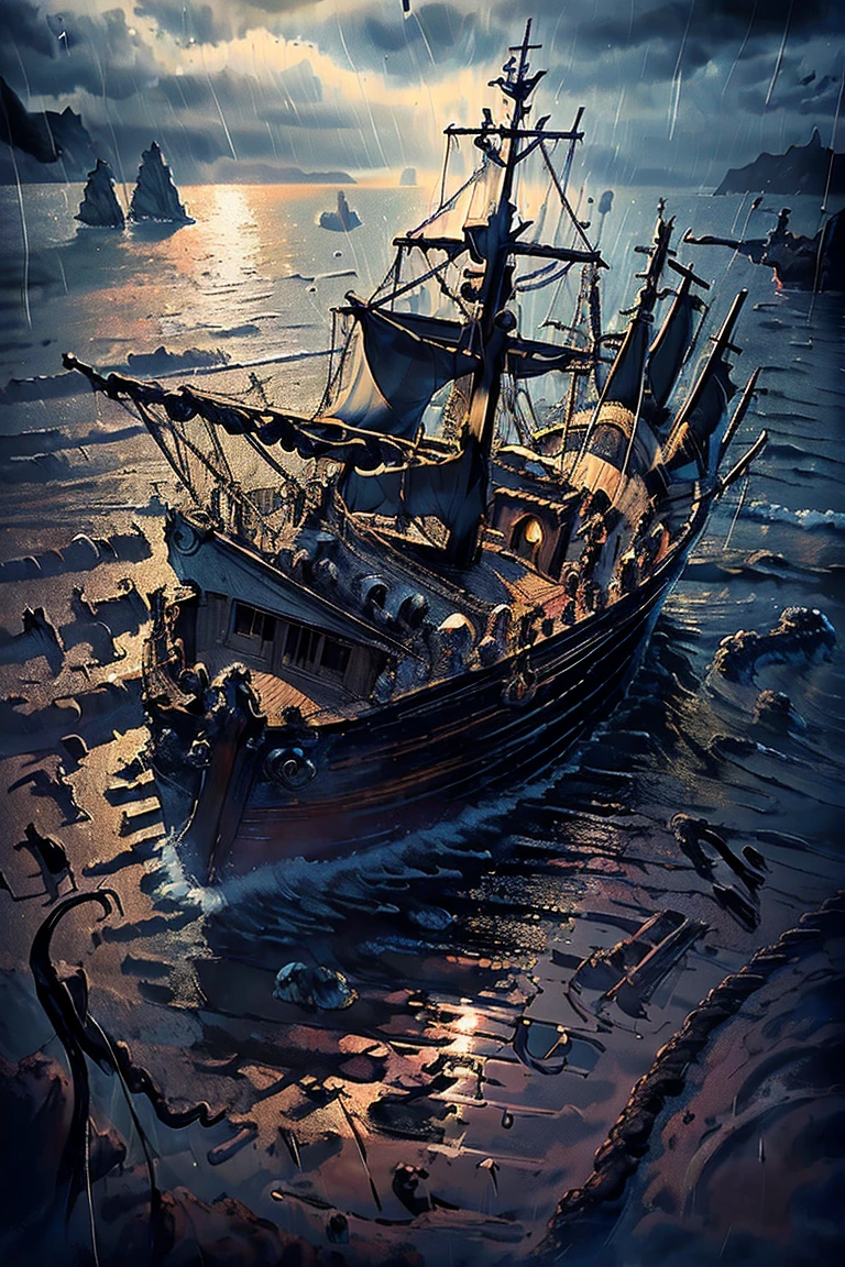 high resolution, Masterpiece, Precise, Detail, from above, general plan, Chiaroscuro, mostruo Marino, boat, Mar, rain