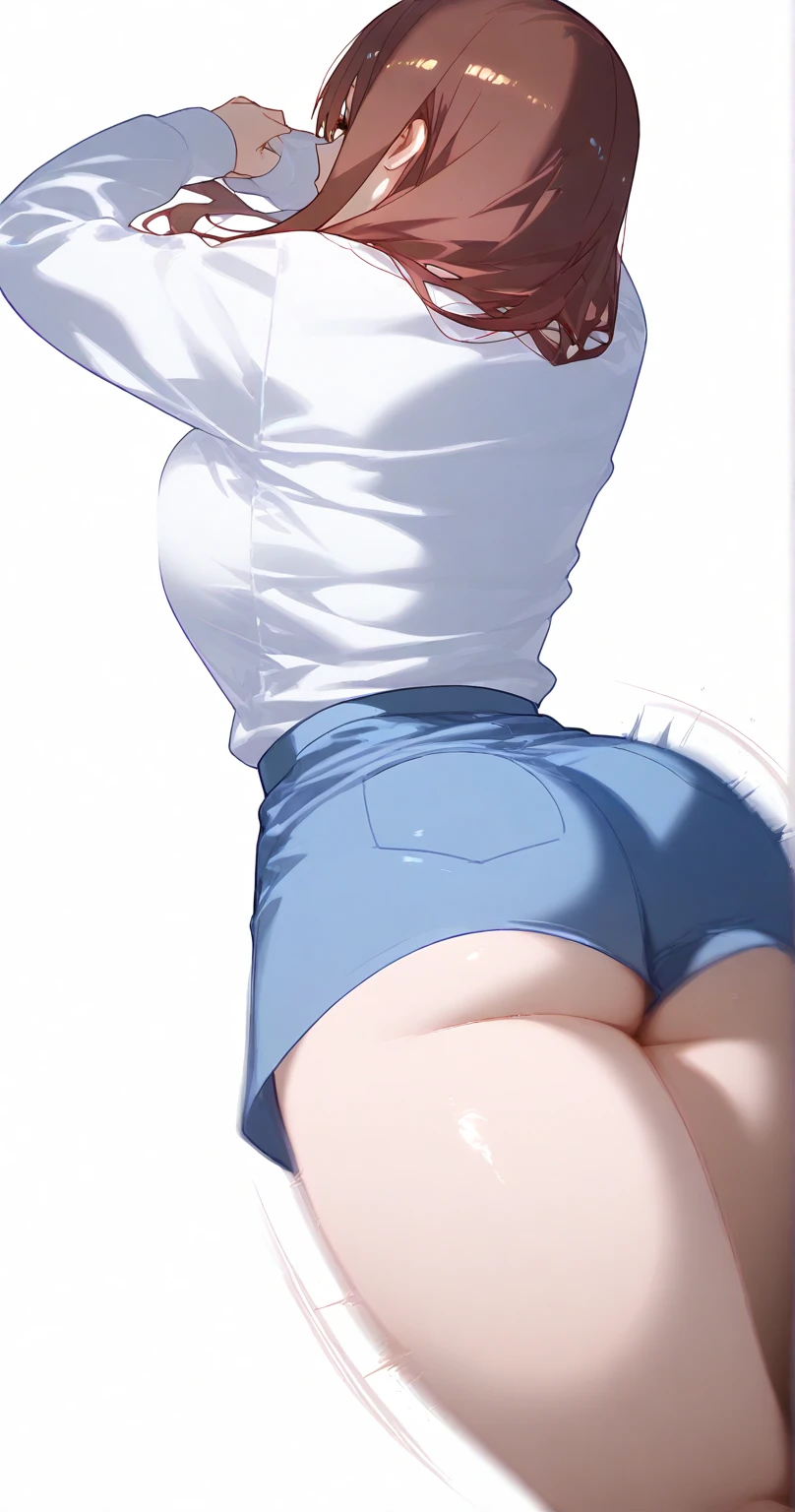 Solo, miku nakano , of miku nakano, . focus on butt, laying on stomach pose, wears white silky long sleeved tshirt, butt view, fixing panty pose , midium clóse up shot of waist ,,side view , curvy round shaped waist, , strong motion blur photography, , , hyper realism, extremely hyper realism, detailed skin texture, detailed increase, increase light, white background,