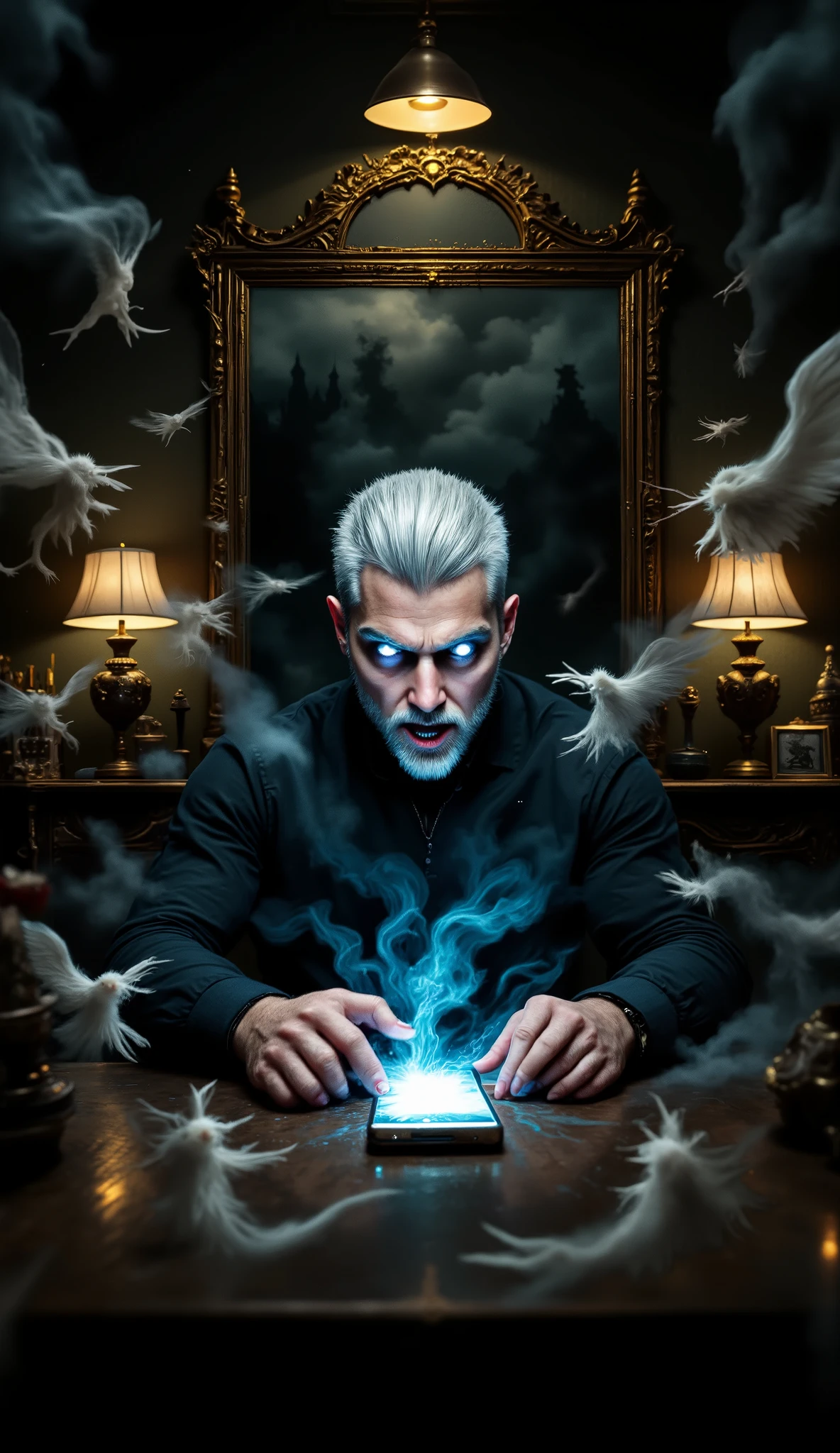 Dark fantasy illustration. Medium shot. A handsome 30-year-old man with aquiline features, blue eyes, and close-cut silver hair, desperately trying to call his girlfriend on his phone, surrounded by angels and devils running amok. Close-up. Inspired by the dark, gothic style of Gerald Brom and the surrealism of Greg Rutkowski. Eyes wild with madness, phone glowing with an otherworldly light. Eclectic, symmetrical apartment background with Klimt's golden accents, William Blake's mystical creatures, and occult artifacts. Dynamic, warm lighting with deep shadows. Masterpiece. Best quality. Dark, muted colors with bursts of gold and crimson. 8k resolution. Highly detailed. Inspired by the works of H.R. Giger and