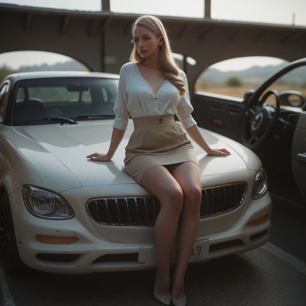 (Best Quality, 4k, masterpiece, ultra detailed, photorealistic, raw quality), 1 French girl , (multiple models), (beautiful face, the most beautiful, clean, natural), (very big eyes, beautiful, symmetrical, great sharpness ), loose hair in layers, (delgado, perfect body, perfectly shaped legs, shaved off), (fitted white dress, negro , GOOD, Threads of gold), outdoor, paved road, illuminated from below, clarity, sharpness, beautiful,