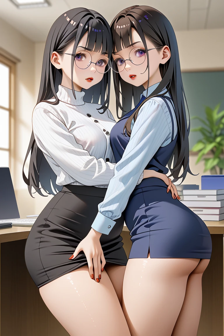 2heads, a tall thin woman with 2 heads. She is wearing business attire. She is in an executive office. Laying on back, laying on desk. Straddling viewer, having sex with viewer. She looks nerdy. Large circular glasses. She is smiling wide. She looks drunk. She has messy hair. She is very tall and thin. She looks young. Blushing, aroused. Drunk, intoxicated.