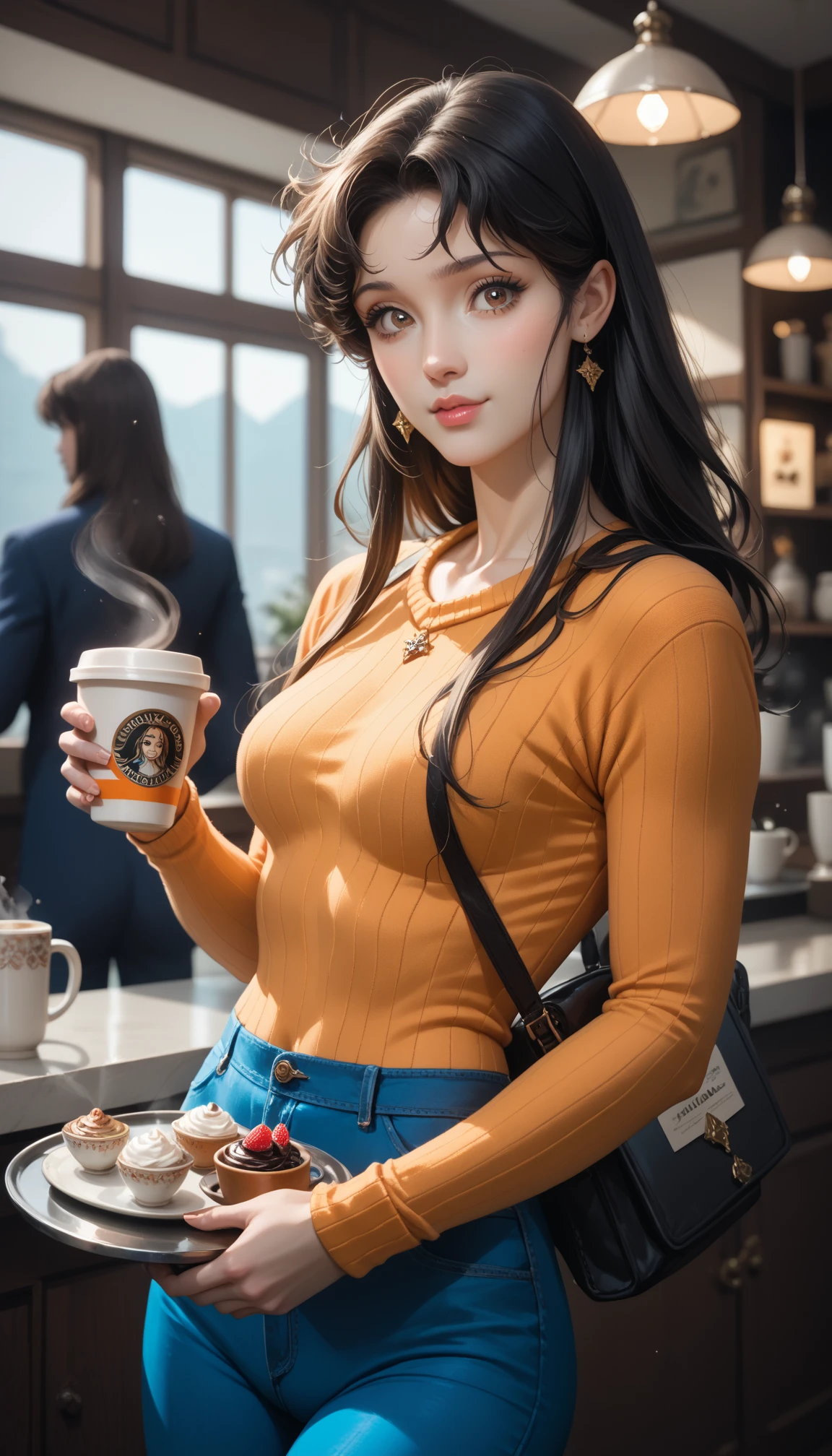 1gir,huge breast, brown hair, braid,white orange clothes,holding two drinks, ultra detailed, masterpiece, realistic