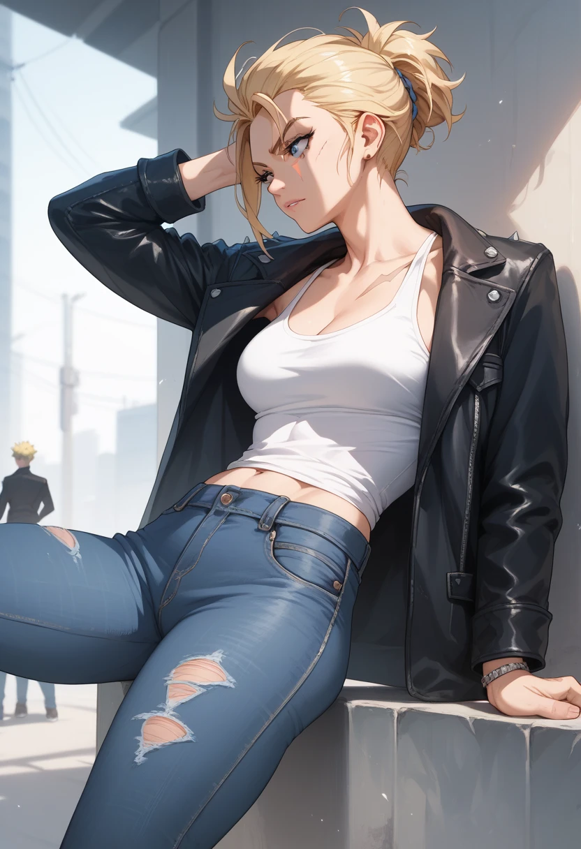 unparalleled masterpiece, ultra realistic 8k CG, perfect artwork, (1girl:1.1) , solo, ((perfect female figure)), (nsfw), looking at viewer, mature female, bimbo (android 18) standing, (teasing), best quality:1.1 , seductive posture, sexy pose, alluring, (beautiful), (curvy), (thick), blonde hair, (blue eyes:1.2), short hair, earrings, jewelry, denim vest, open vest, black pantyhose, black shirt, denim skirt, striped long sleeves, blue skirt, toned legs, fit, (abs:1.1), (big butt:1.4), peach ass, (athletic body:1.2), (large breasts:1.3, (big_breasts:1.1), wide_hips:1.5, narrow waist, small waist:1.5, slender body:1.2, thick thighs:1.3), (shiny skin:1.2), (hdr), (street:1.2), Nikon D850 film stock photograph Kodak Portra 400 camera f1.6 lens, rich colors, lifelike texture, dramatic lighting, unreal engine, trending on ArtStation, by Gerald Brom, by Frank Frazetta, by Luis Royo, by Julie Bell, by Boris Vallejo
