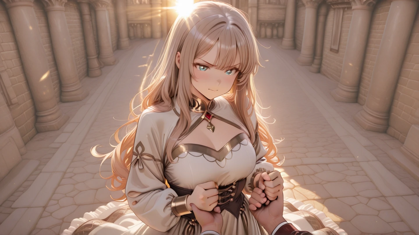 shaming of a princess, little golden tiara, judging crowd in the background, close shot at distressed face from the side, crawling on the streetlike an animal on four legs, 1 girl with collar, 1 hooded man holding a chain, beautiful expressive eyes, crying for help, ((on all fours lead through city streets)), tension, dangerous atmosphere, torch light, city square at night after revolution, masterpiece, cinematic light, anime, full body