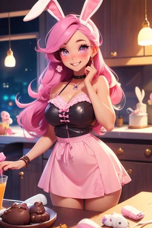 Medium round breasts, (1 Girl), ((neon light pink hair: 5.2, long and messy wavy, hair over one eye)))), blue eyes, double eyelids, light effect in the eyes, wide hips, blouse red long sleeve, tiny pleated skirt, naughty smile, ((sexy body)), solo, best quality, masterpiece, portrait, flirting with viewer, sensual pose, detailed, perfect anatomy, detailed art, high definition, 4k , high resolution, inside the country house