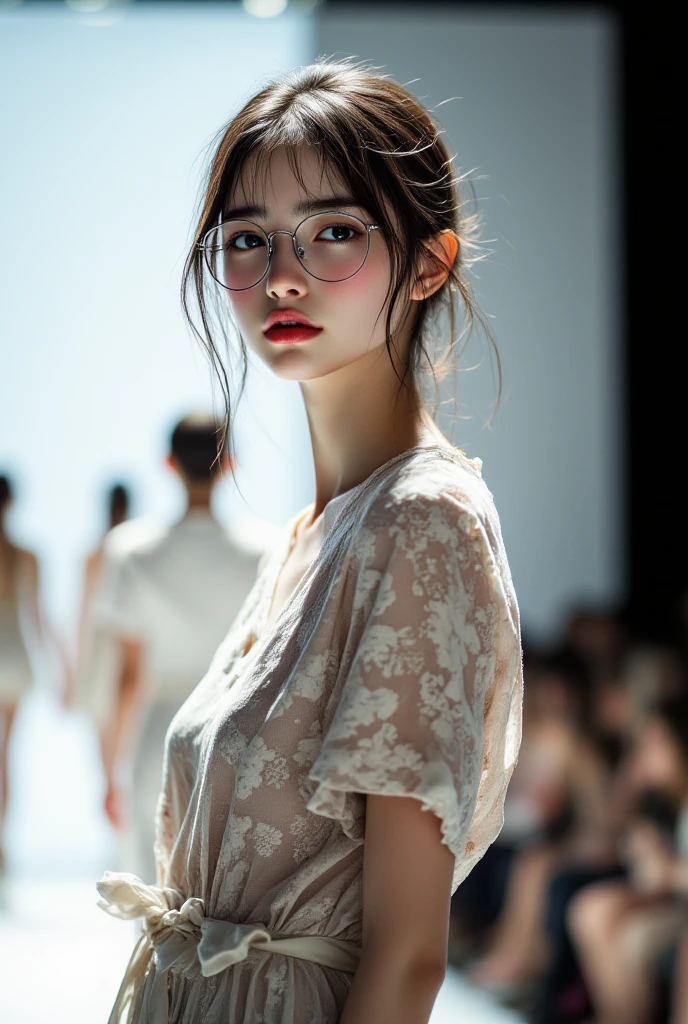 (best quality、masterpiece、high sensitivity、high resolution、detailed description、depicting a delicate face、Ｆvalue：6.0),((Slender Woman、wearing glasses)),fashion show runway、posing、
