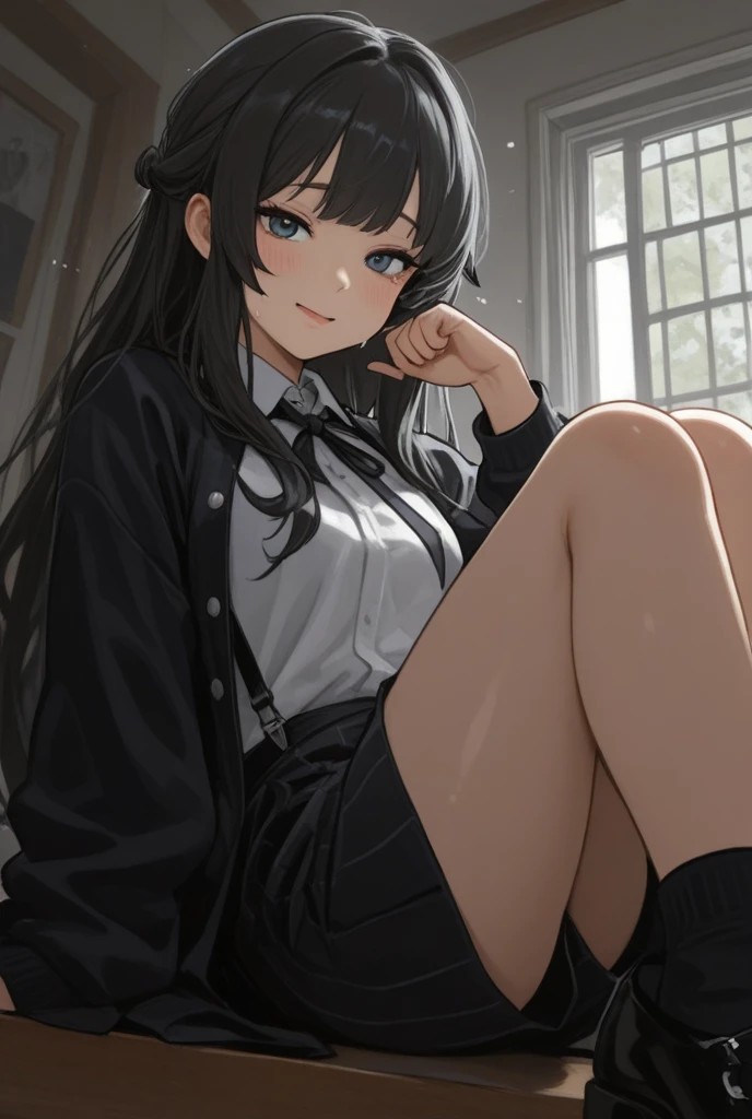(最OK质量), ((masterpiece)), (high resolution), illustration, The original, Very detailed,Debger,1 girl, (Miyu Edelfeldt),Change,camel toe,black hair,brown eyes,Poker , pantyhose, long hair, shirt, no shoes, legs crossed, sitting, Cat, plant, brown eyes, alone, underwear, indoors, bow, Bookshelf, potted plant, OK, bowtie, white shirt, looking at the audience, black hair, black pantyhose, Chair, Smile, wooden floor, dress shirt, no pants, thighband pantyhose, armChair, lamp, long sleeves, spark, black OK, collared shirt,Bangs, small breasts,bench,