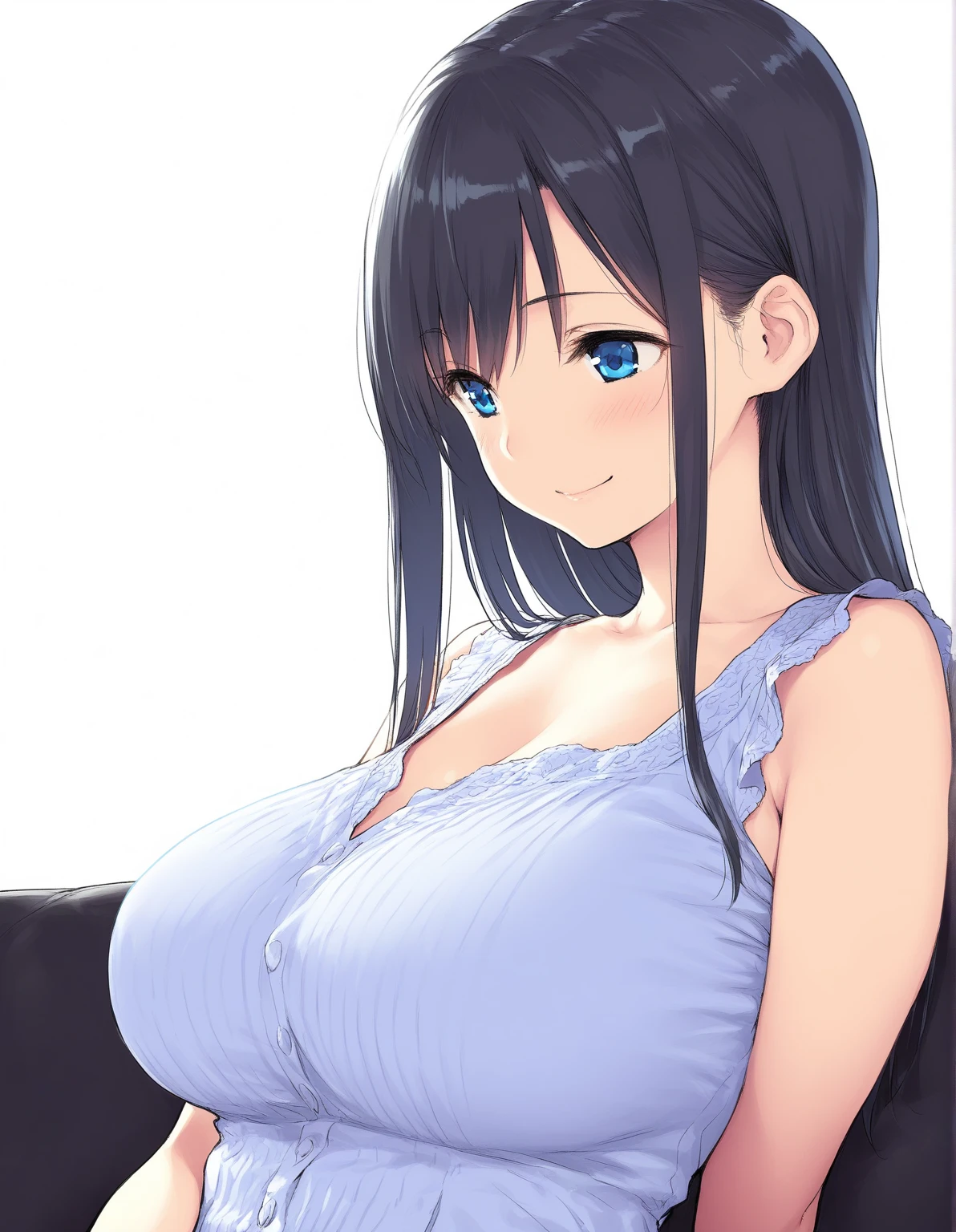 (((forehead))), (masterpiece, best quality), intricate details, 8k, artstation, wallpaper, official art, splash art, sharp focus, 1girl,barefaced,((white lingerie)), black hair, blue eyes, smile, sexy, large breast, sexy, Sexy, big bust, beautiful body, hotel bedroom