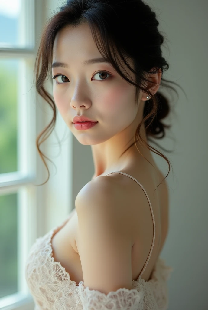 You are a professional gravure photographer.、(((One person,alone))),(Highly realistic photos, High resolution, Detailed face, Narrow eyes,Thin lips)、 Japanese women, Age 25, Modern beauty standards, ,Healthy Body,Foggy
