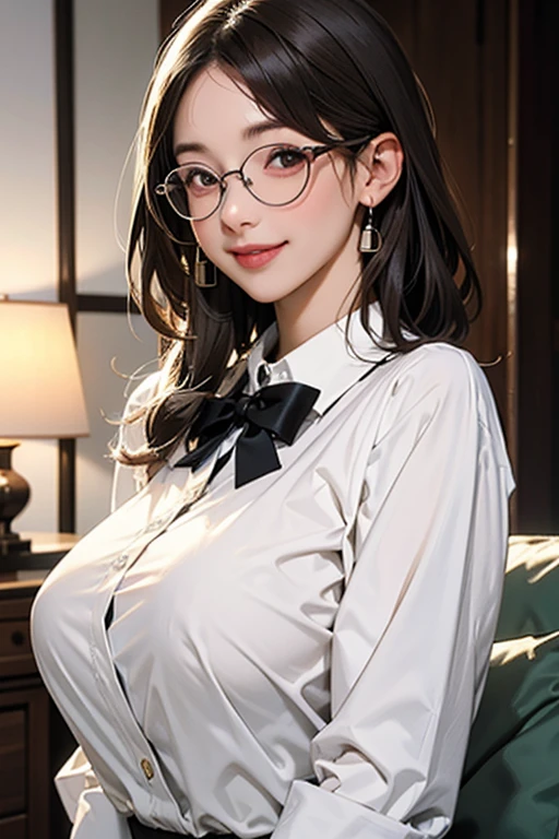 The woman, (European Citizenship: 1.2) In a black and white outfit posing for a photo, maiden! Dress, Anime Girl Cosplay, anime girl in a maid costume, The Magnificent Maiden, maid outfit, gigantic breasts, mature female,(Face of the Goddess), (Elegant posture: 1.4), Elegant atmosphere, Noble atmosphere, (Milf: 1.6) (brown hair: 1.5), (glasses), (maidservant: 1.4), (Black and White Maid Outfit: 1.1), (Incredible beauty, High facial detail: 1.3), cleavages,